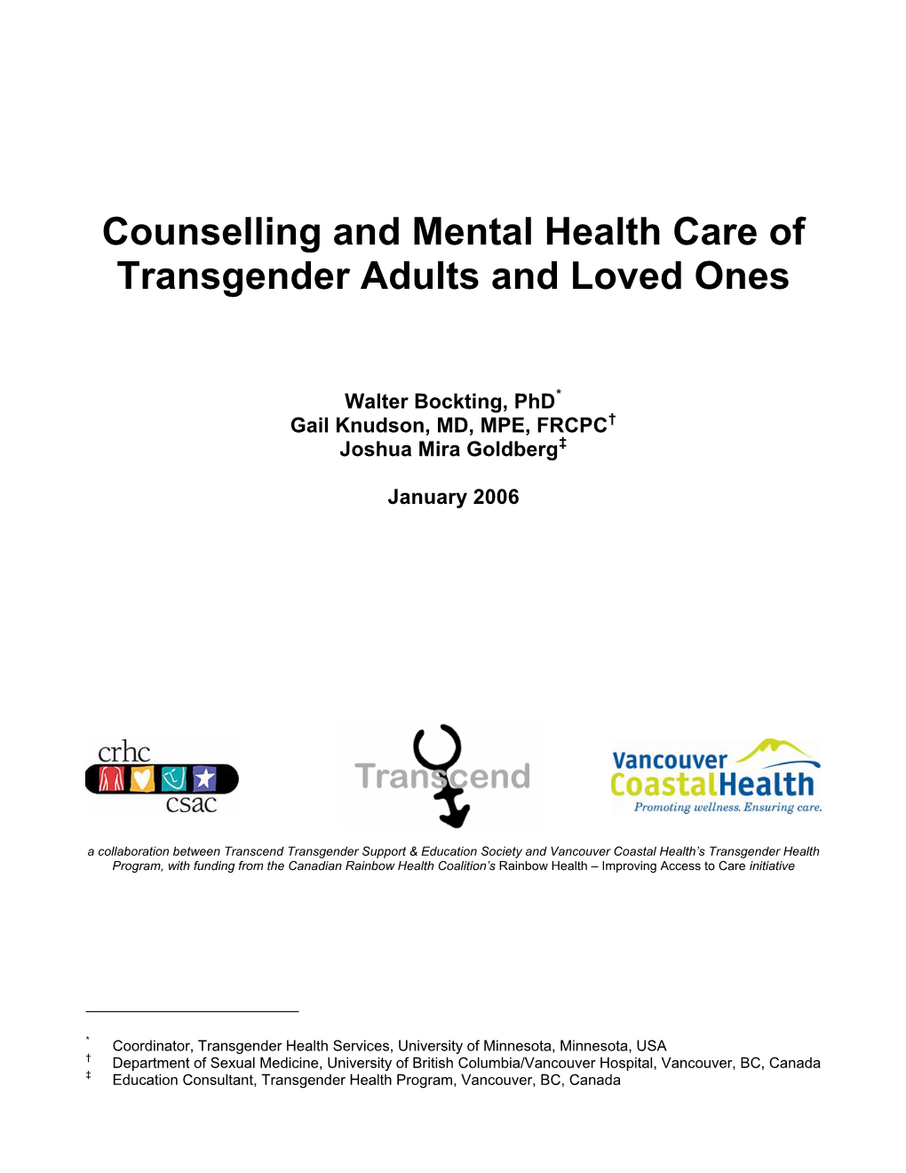 Counselling and Mental Health Care of Transgender Adults and Loved Ones