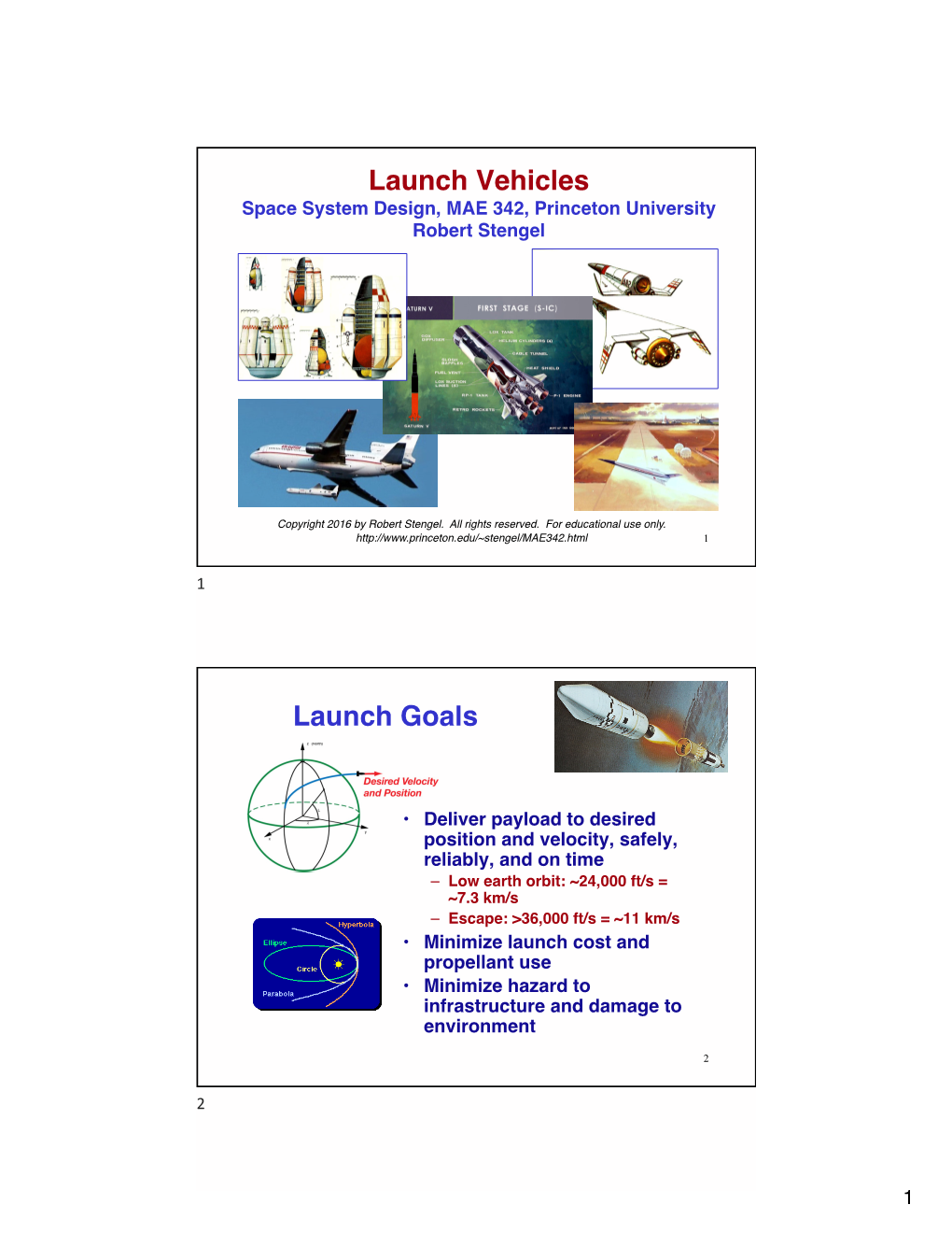 Launch Vehicles Space System Design, MAE 342, Princeton University Robert Stengel