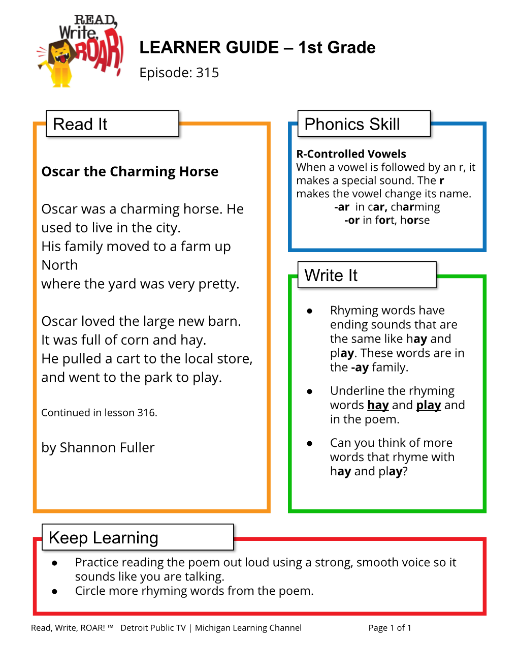 LEARNER GUIDE – 1St Grade Episode: 315