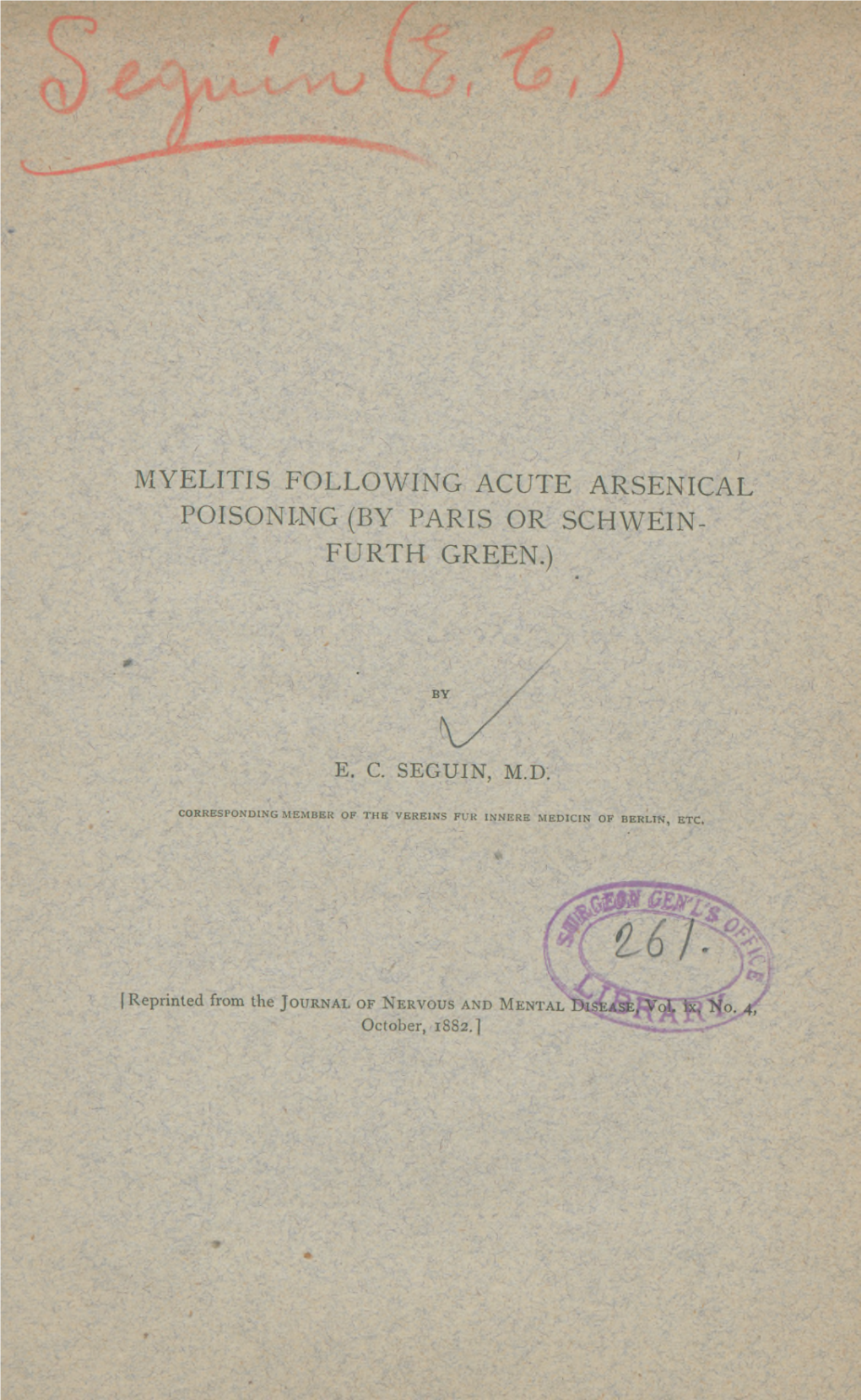 Myelitis Following Acute Arsenical Poisoning (By Paris Or Schwein- Forth Green.)