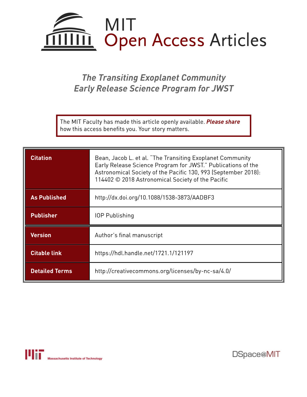 The Transiting Exoplanet Community Early Release Science Program for JWST