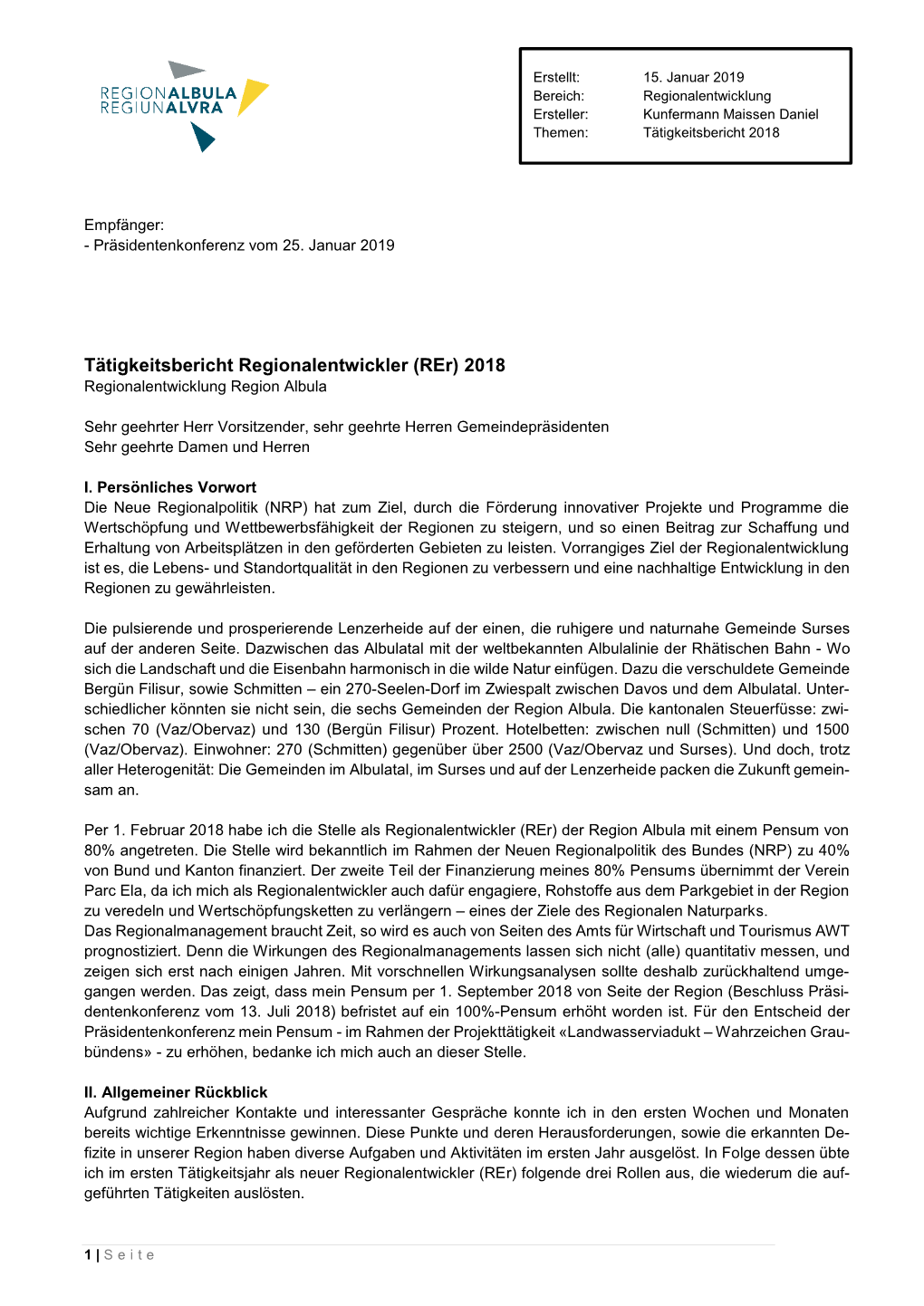 Tätigkeitsbericht Regionalentwickler (Rer) 2018 Regionalentwicklung Region Albula