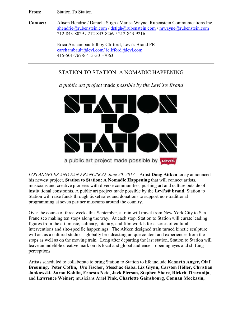 STATION to STATION: a NOMADIC HAPPENING a Public Art Project
