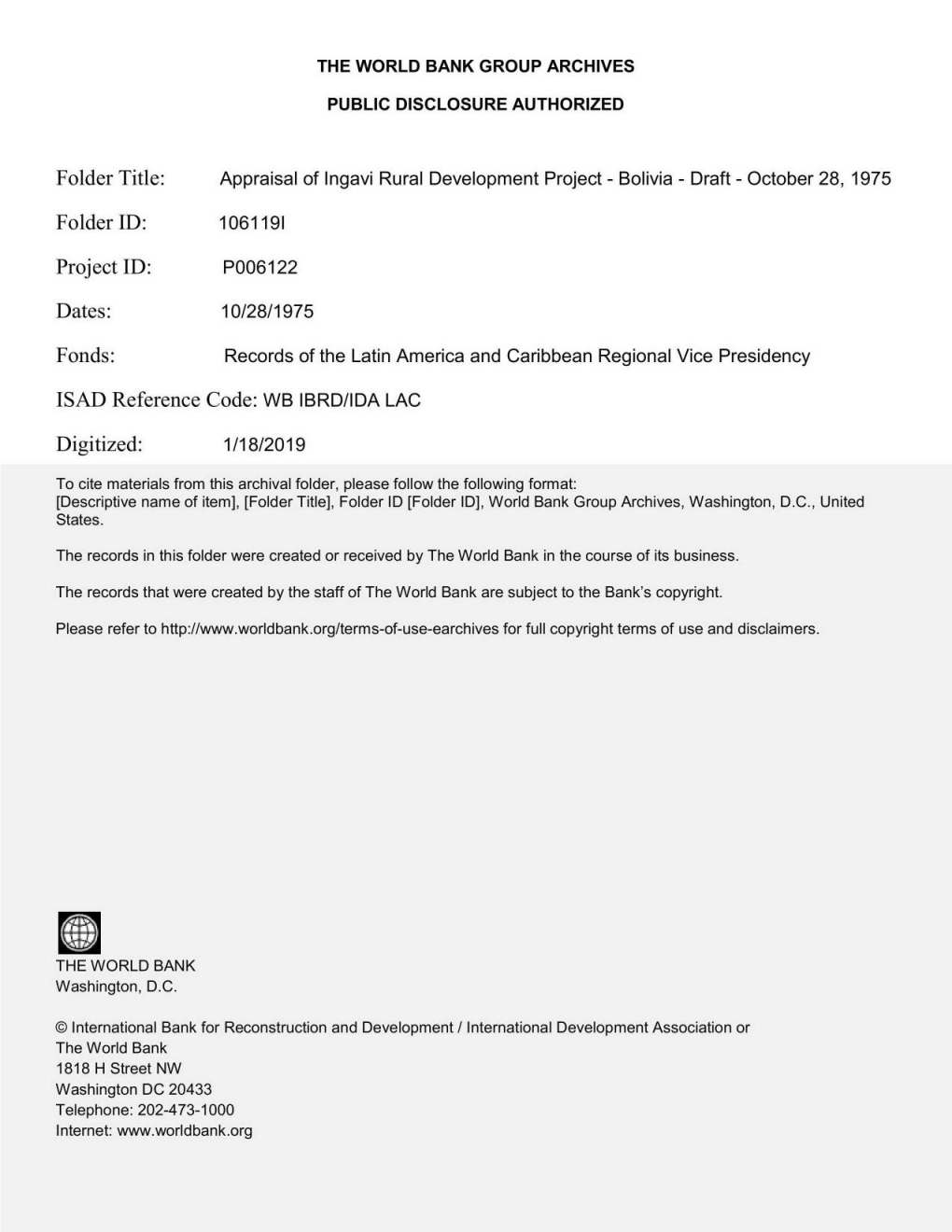 Appraisal of Ingavi Rural Development Project - Bolivia - Draft - October 28, 1975