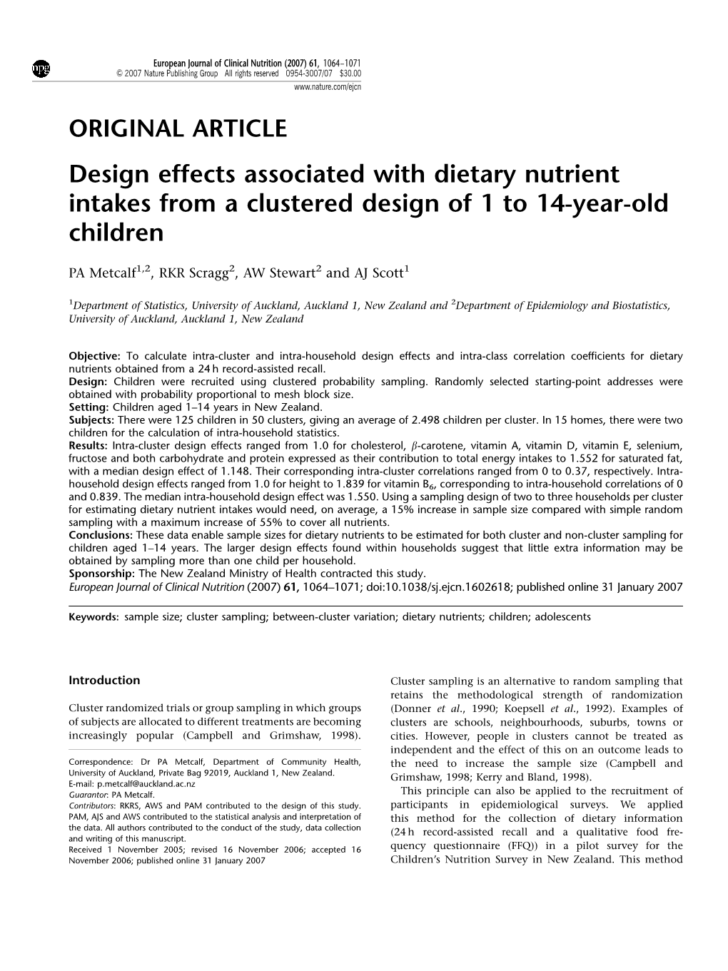 Design Effects Associated with Dietary Nutrient Intakes from a Clustered Design of 1 to 14-Year-Old Children