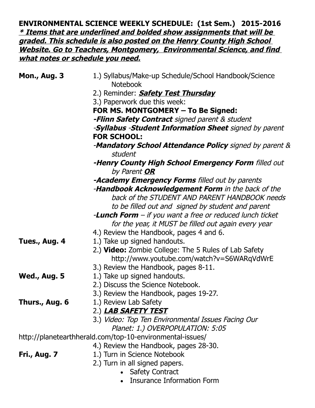 ENVIRONMENTAL SCIENCE WEEKLY SCHEDULE: (1St Sem.) 2015-2016