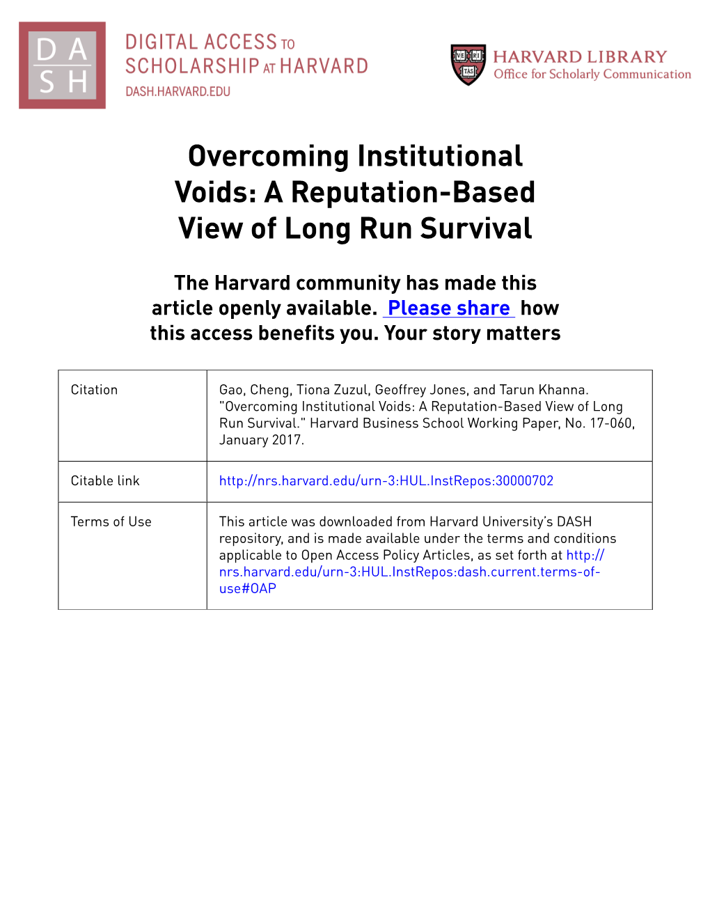 Overcoming Institutional Voids: a Reputation-Based View of Long Run Survival