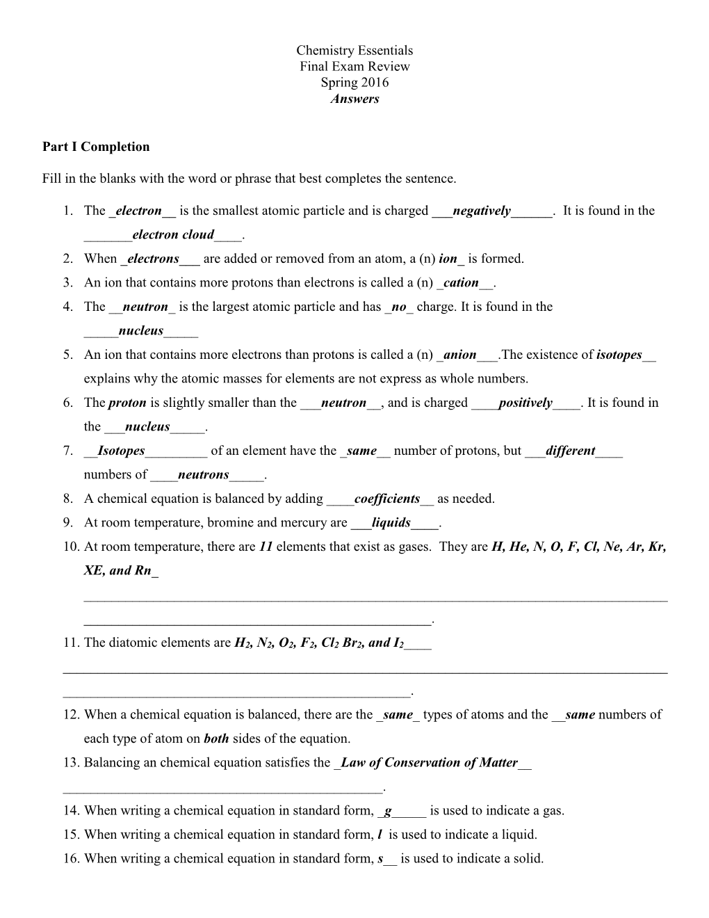 Chemistry Essentials Final Exam Review Spring 2016 Answers