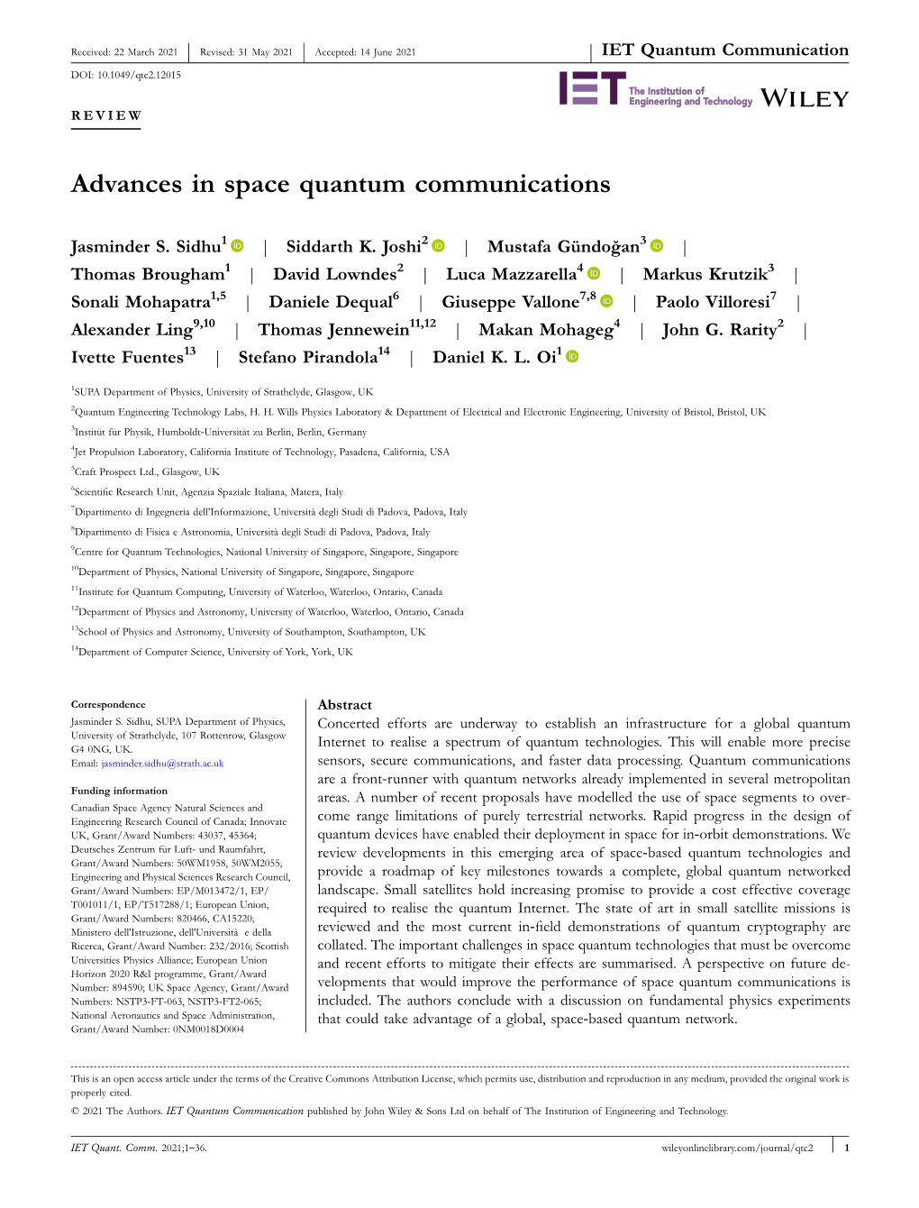 Advances in Space Quantum Communications