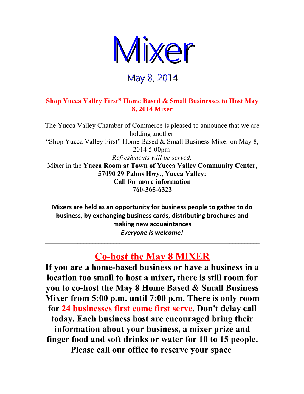 Shop Yucca Valley First Home Based & Small Businesses to Host May 8, 2014 Mixer