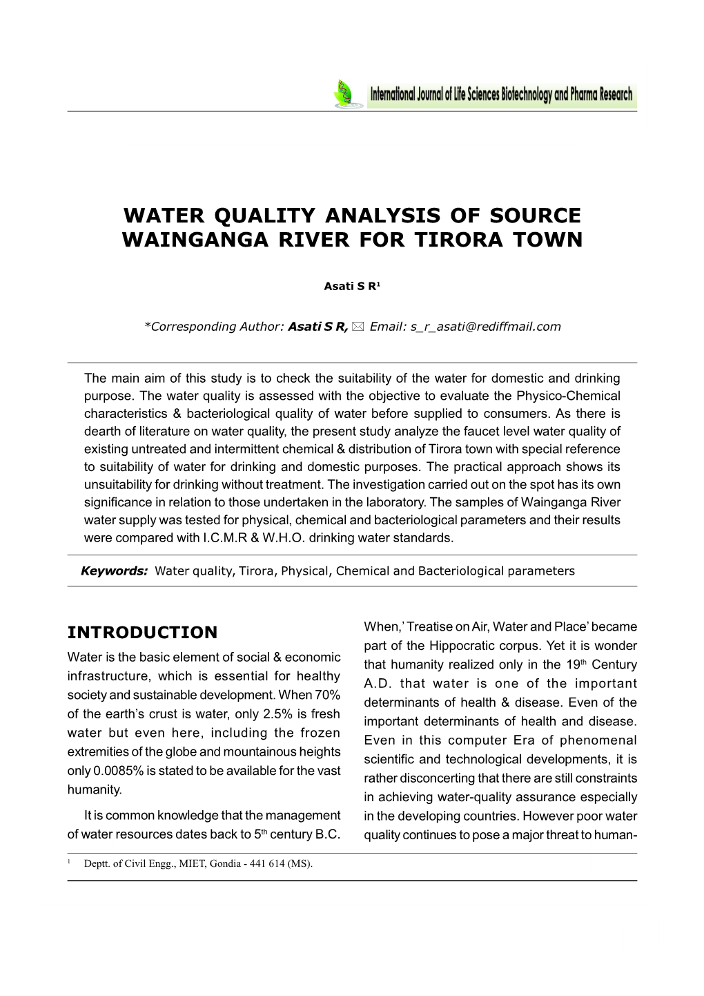 Water Quality Analysis of Source Wainganga River for Tirora Town