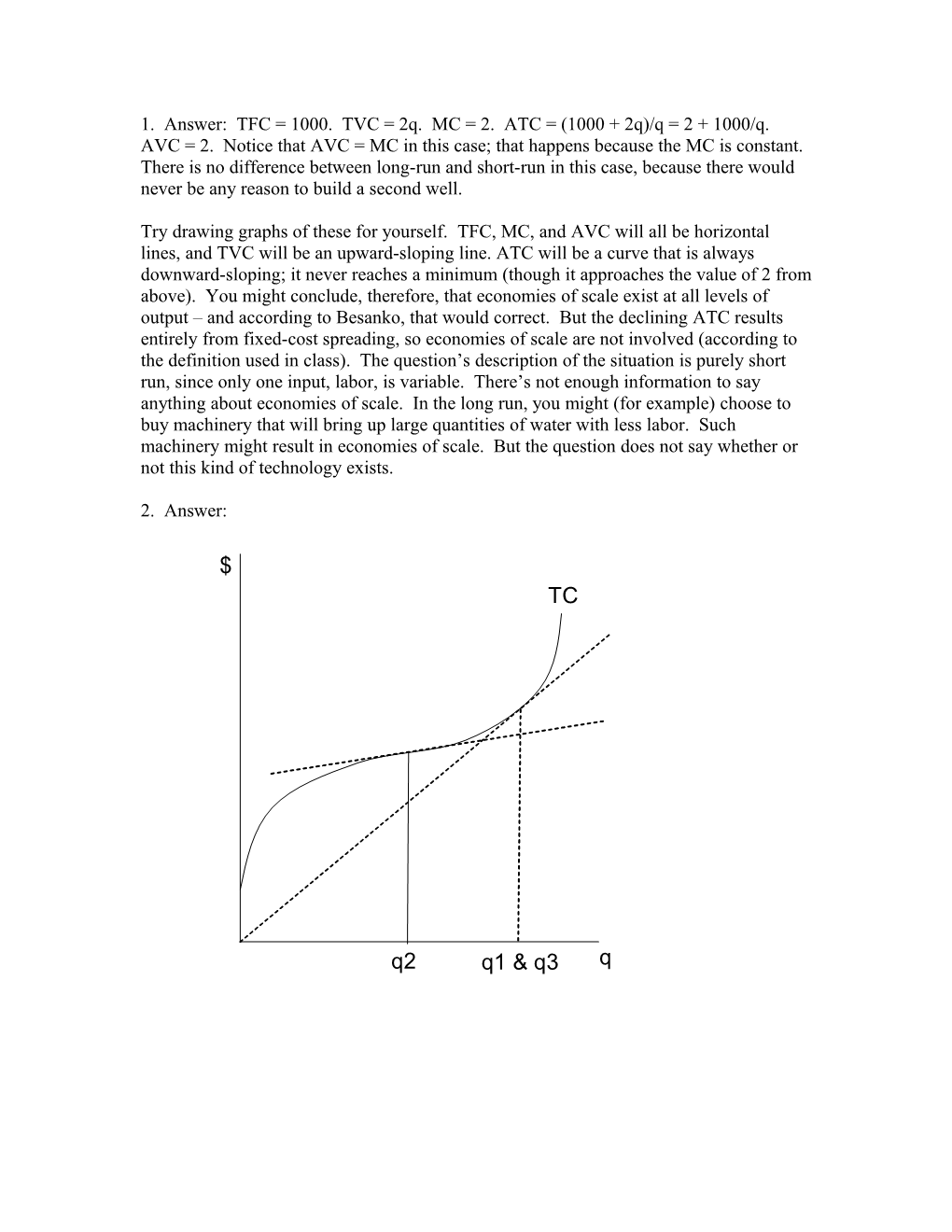 1. Answer: TFC = 1000. TVC = 2Q. MC = 2. ATC = (1000 + 2Q)/Q = 2 + 1000/Q. AVC = 2. Notice