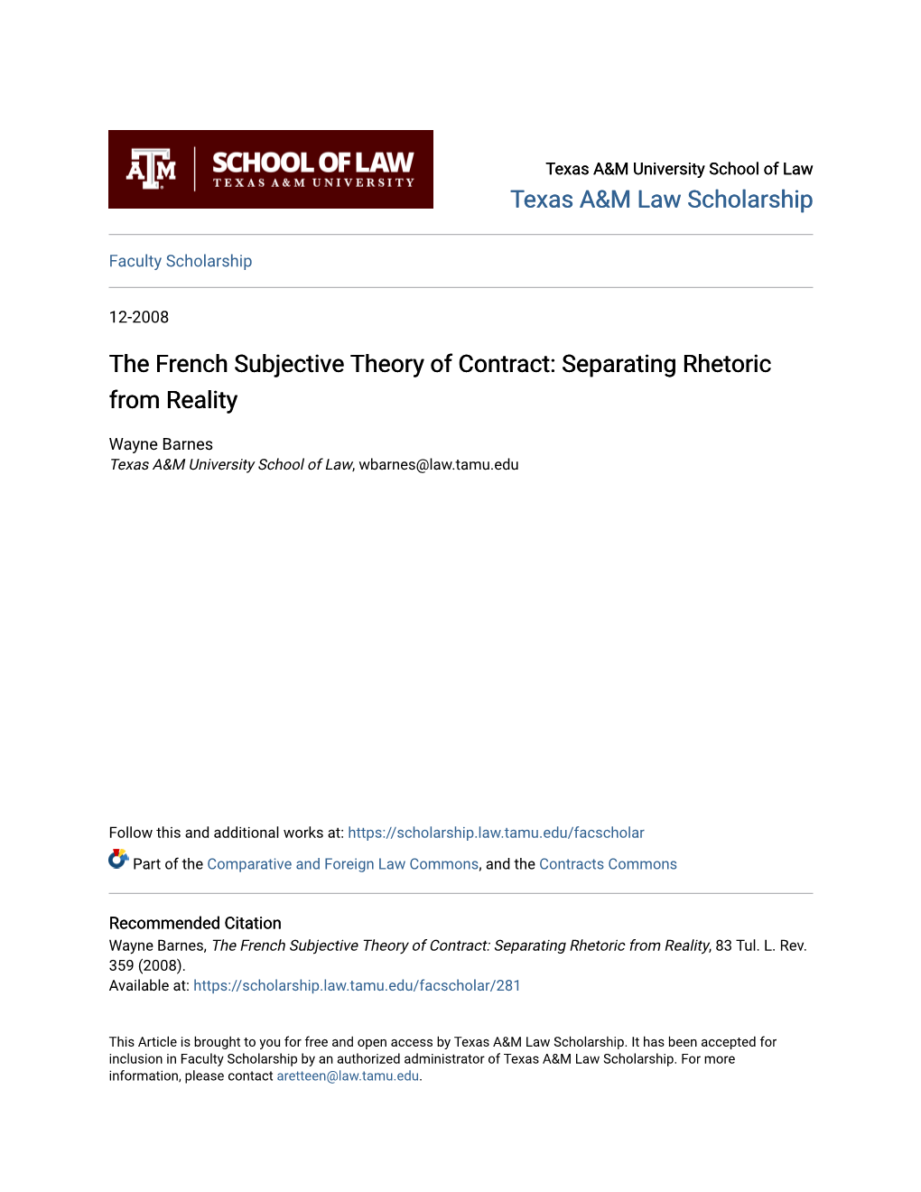 The French Subjective Theory of Contract: Separating Rhetoric from Reality