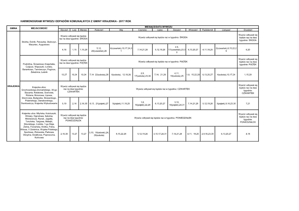 Harmonogram Wywozu Odpadów Komunalnych Z Gminy Krajenka - 2017 Rok