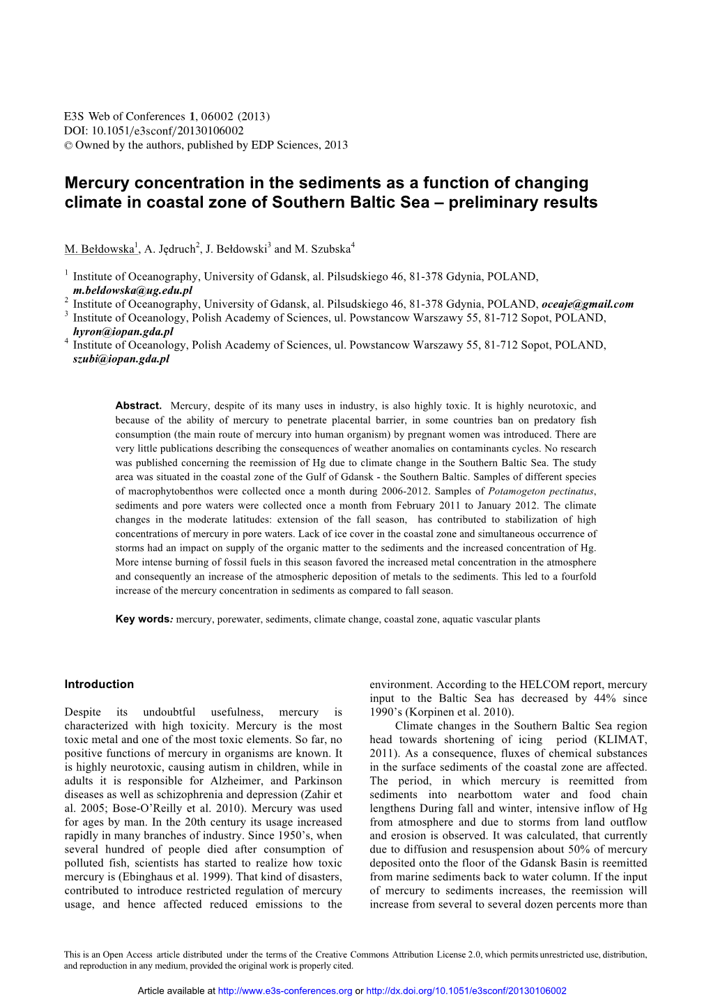 Mercury Concentration in the Sediments As a Function of Changing Climate in Coastal Zone of Southern Baltic Sea – Preliminary Results