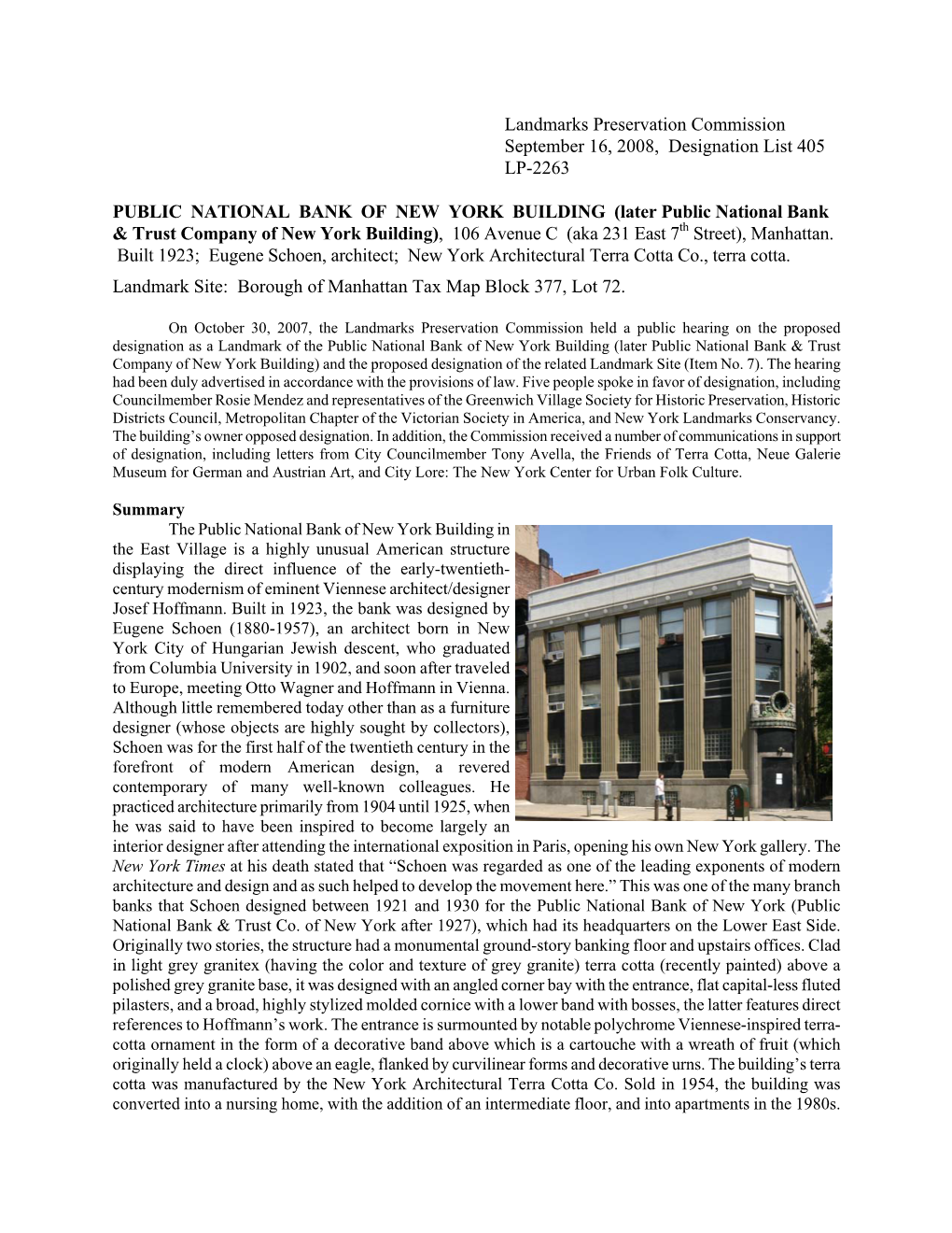 PUBLIC NATIONAL BANK of NEW YORK BUILDING (Later Public National Bank & Trust Company of New York Building), 106 Avenue C (Aka 231 East 7Th Street), Manhattan