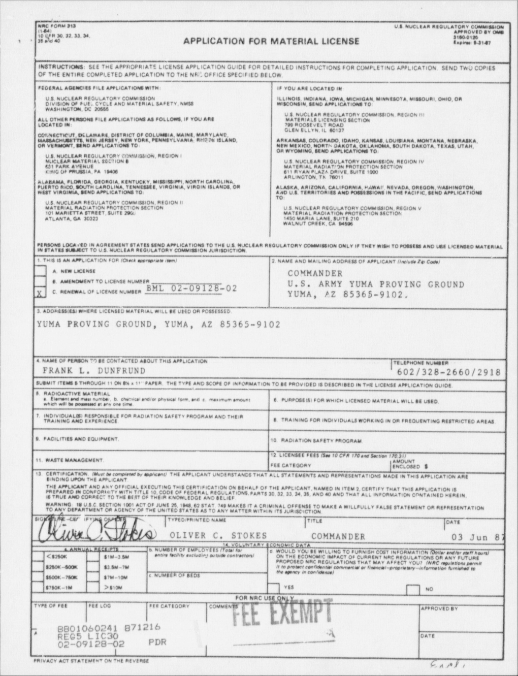 Application for Renewal of License 02-09128-02,Adding FL Dunfrund