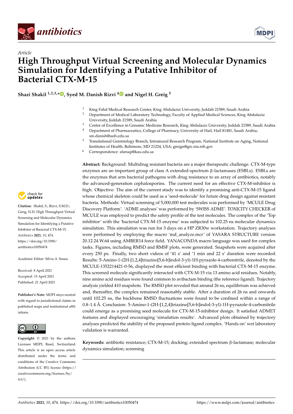 High Throughput Virtual Screening and Molecular Dynamics Simulation for Identifying a Putative Inhibitor of Bacterial CTX-M-15