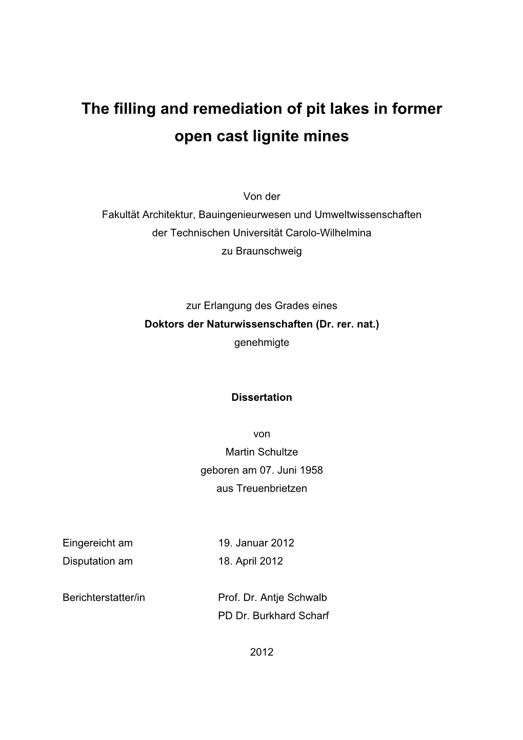 The Filling and Remediation of Pit Lakes in Former Open Cast Lignite Mines