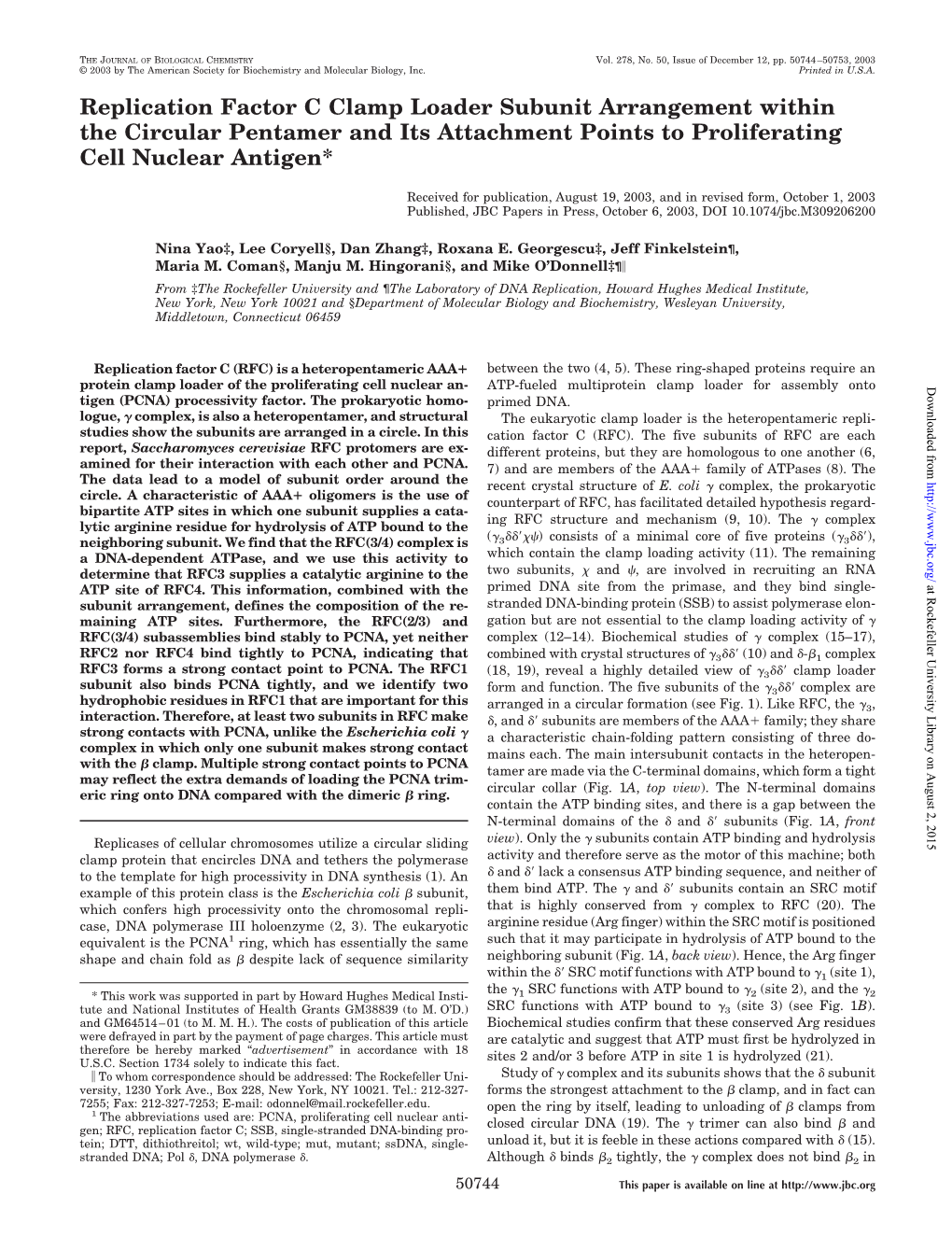Replication Factor C Clamp Loader Subunit Arrangement Within the Circular Pentamer and Its Attachment Points to Proliferating Cell Nuclear Antigen*