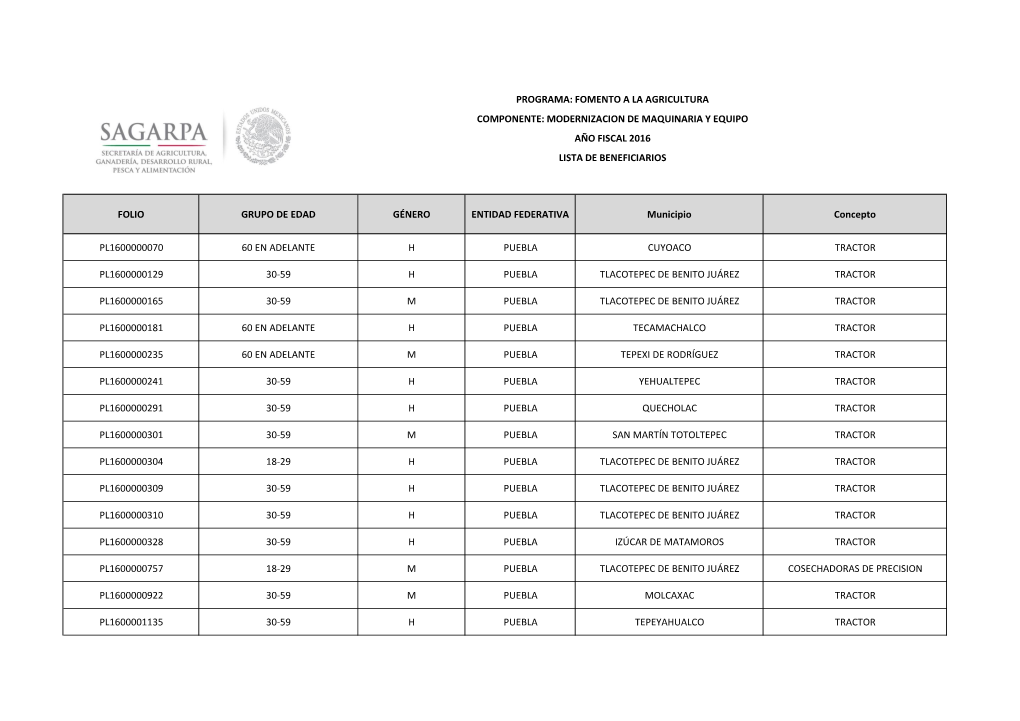 FOLIO GRUPO DE EDAD GÉNERO ENTIDAD FEDERATIVA Municipio Concepto