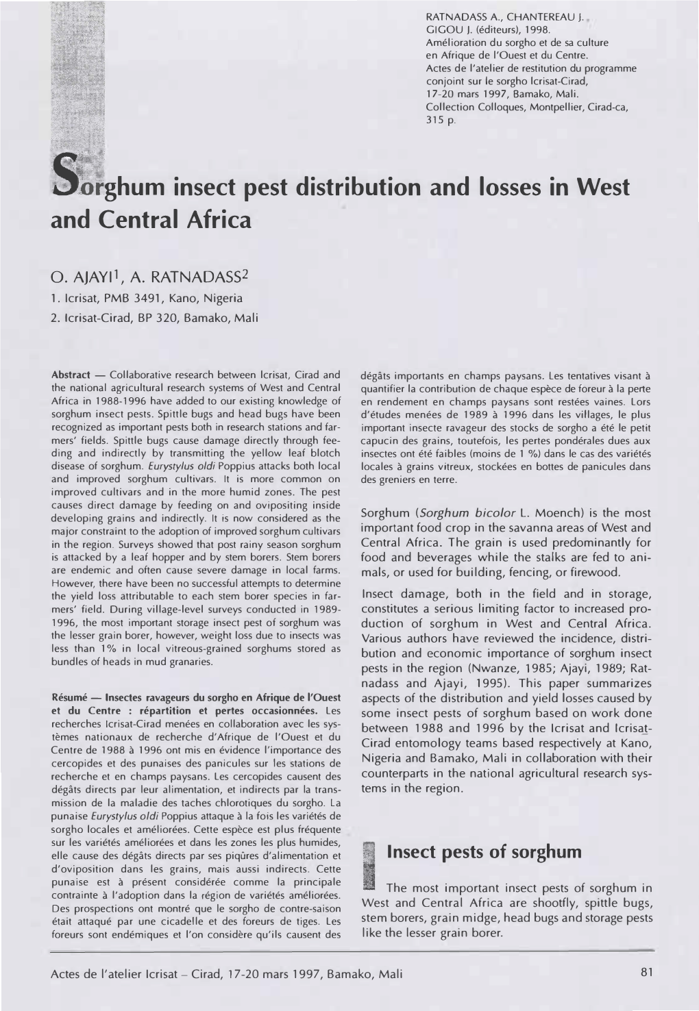 S.Ôfighum Insect Pest Distribution and Losses in West and Central Africa