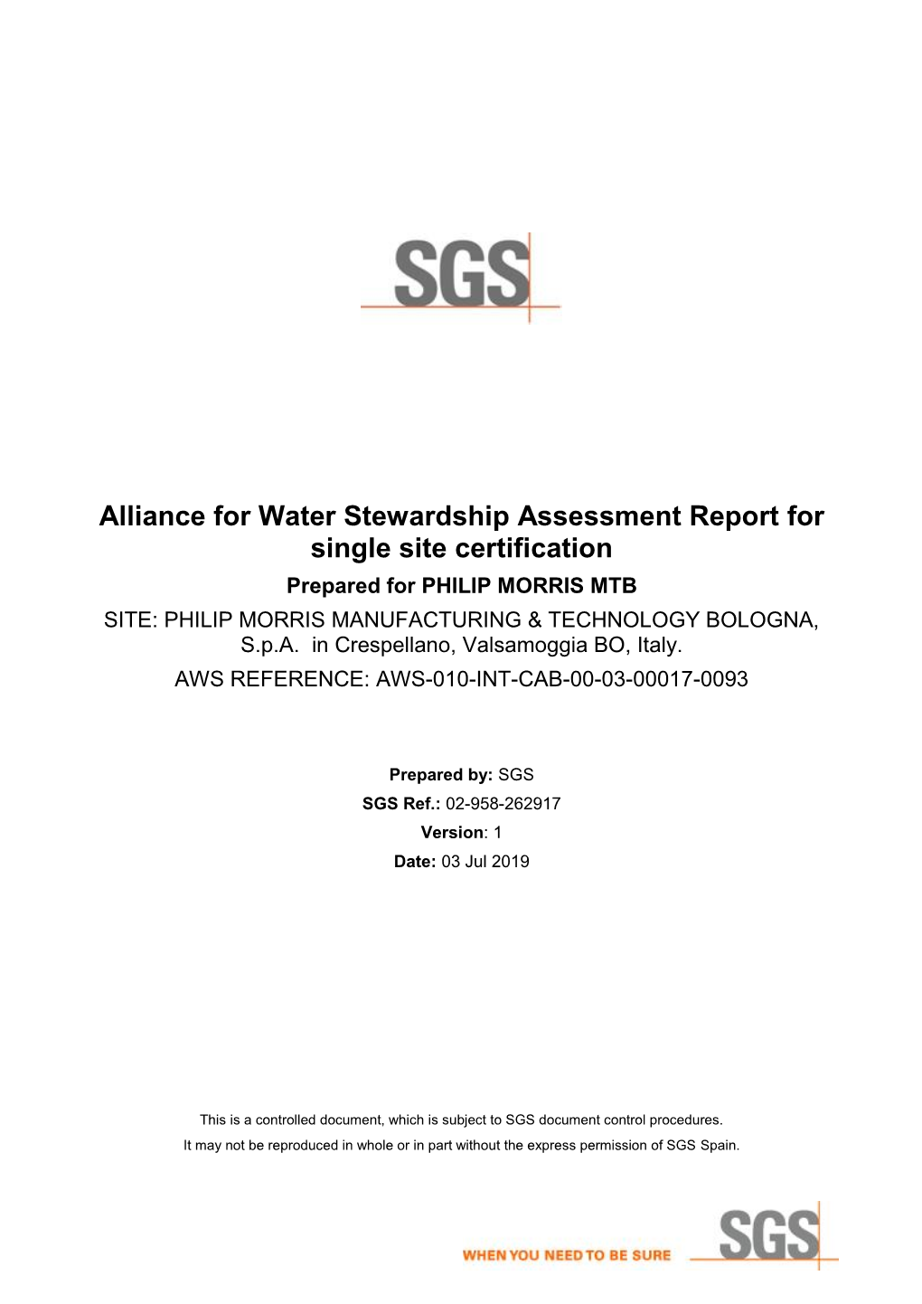 Alliance for Water Stewardship Assessment Report for Single Site