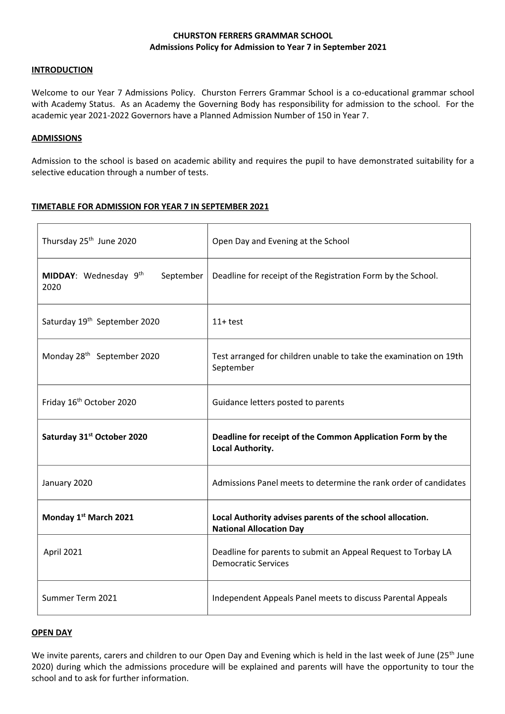 Churston Ferrers Grammar School Year 7 Admissions Policy