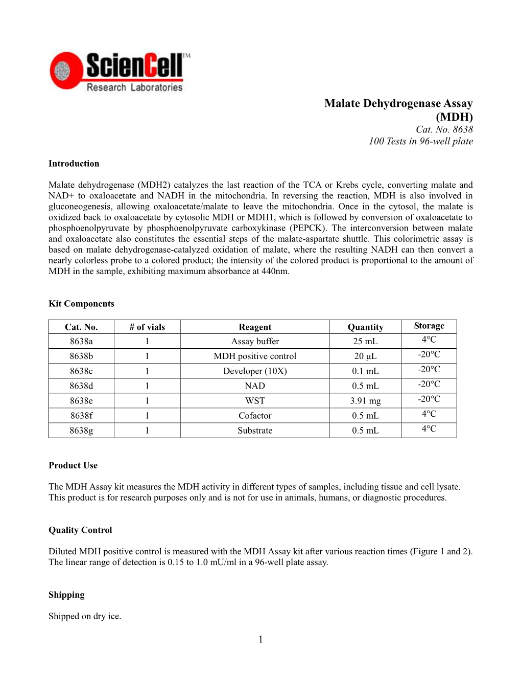 Malate Dehydrogenase Assay (MDH) Cat