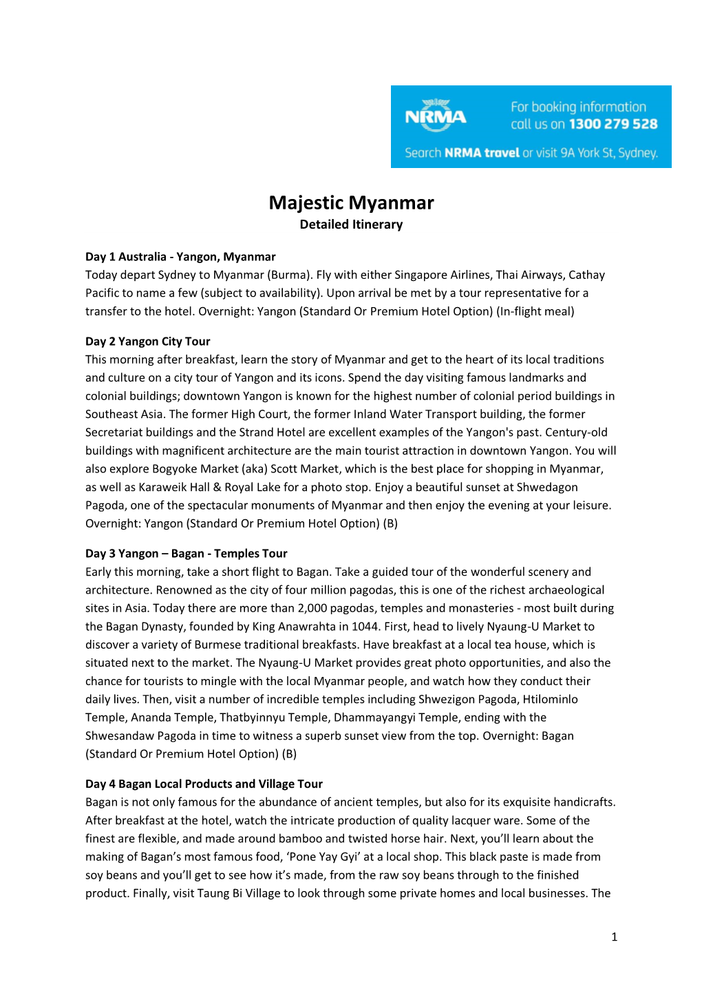 Majestic Myanmar Detailed Itinerary