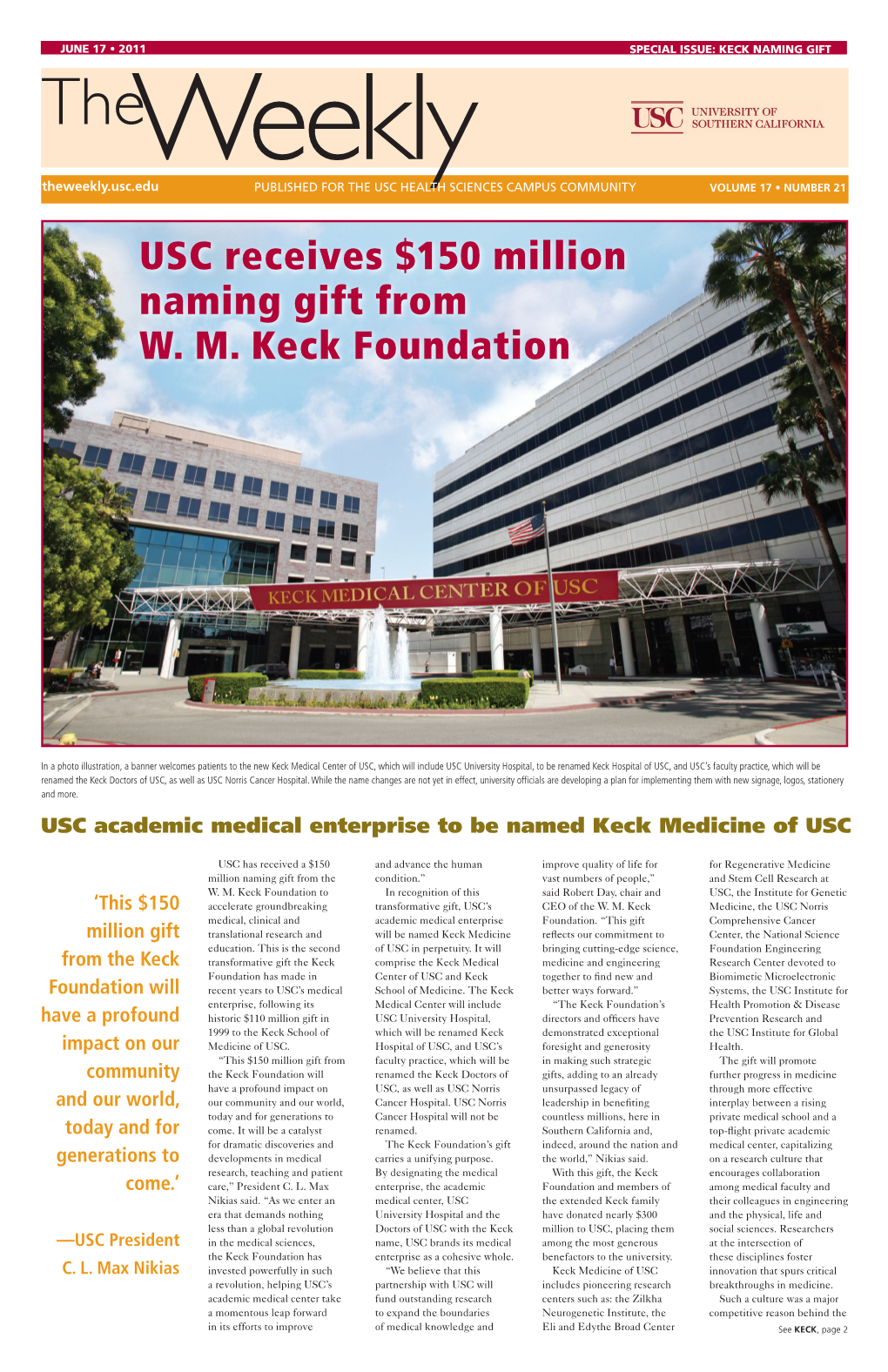 USC Receives $150 Million Naming Gift from W. M. Keck Foundation