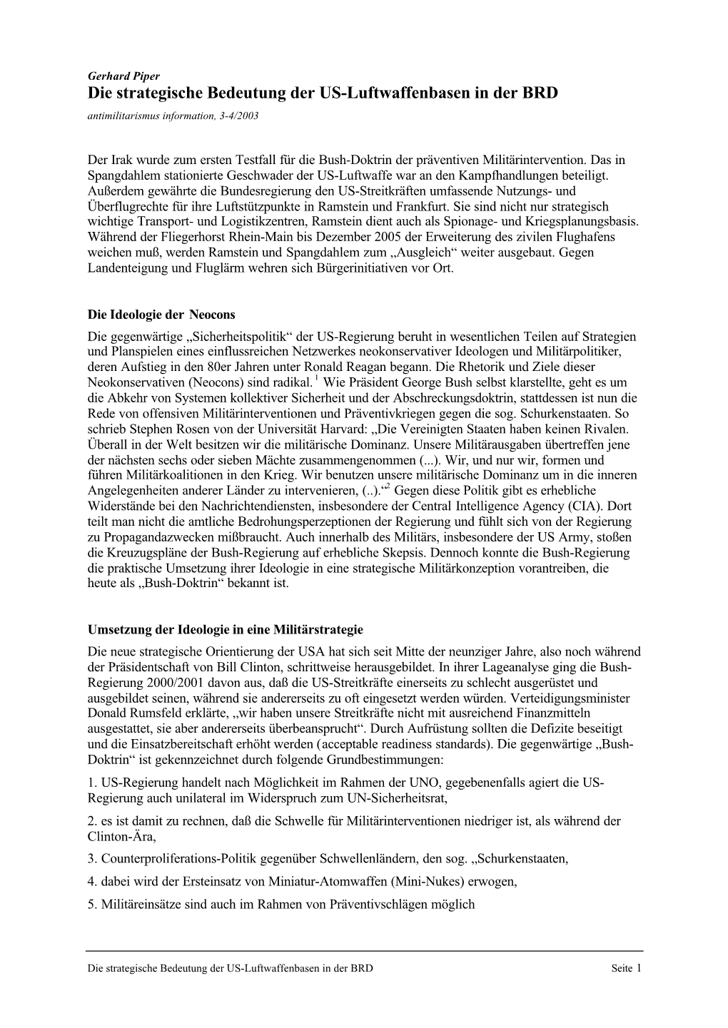 Die Strategische Bedeutung Der US-Luftwaffenbasen in Der BRD Antimilitarismus Information, 3-4/2003