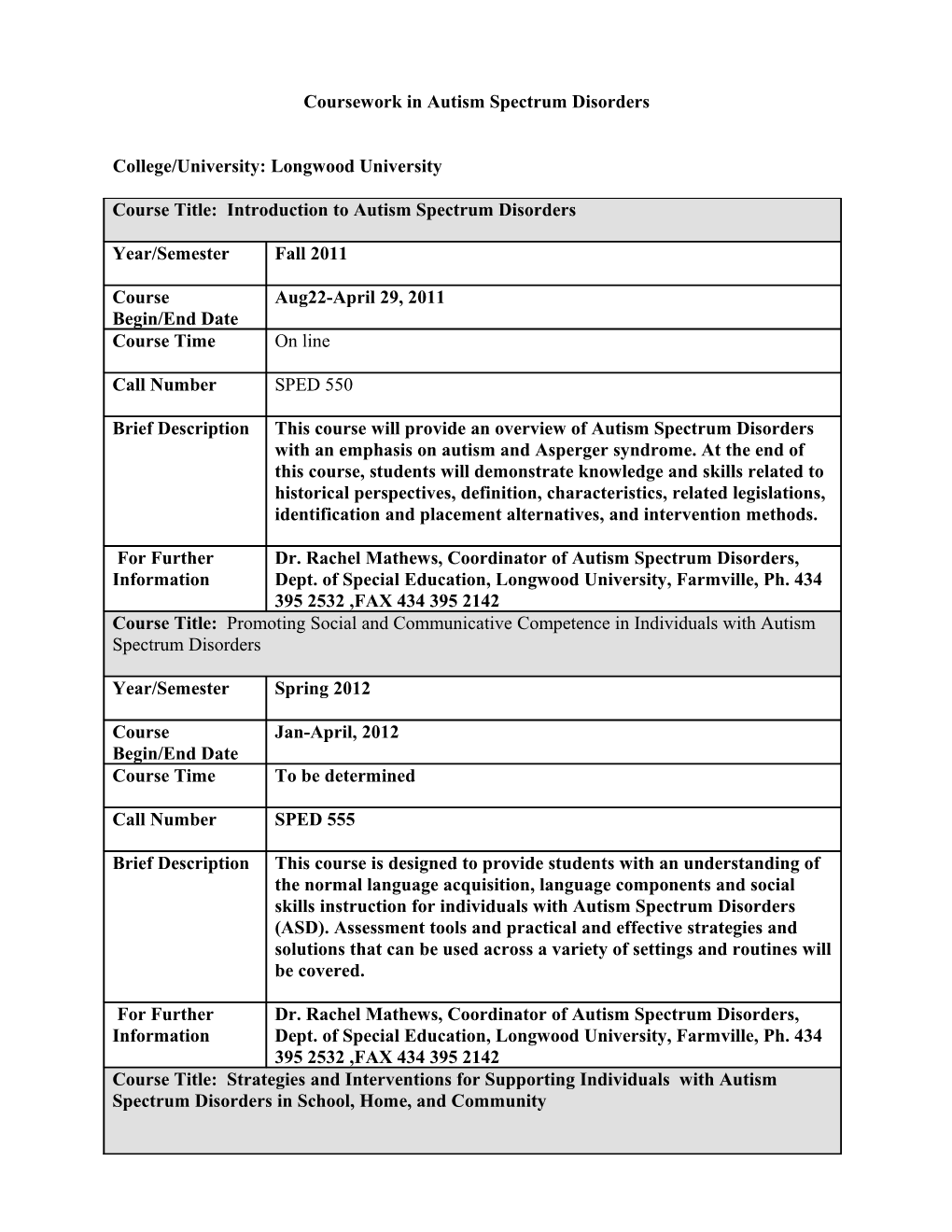 Coursework in Autism Spectrum Disorders