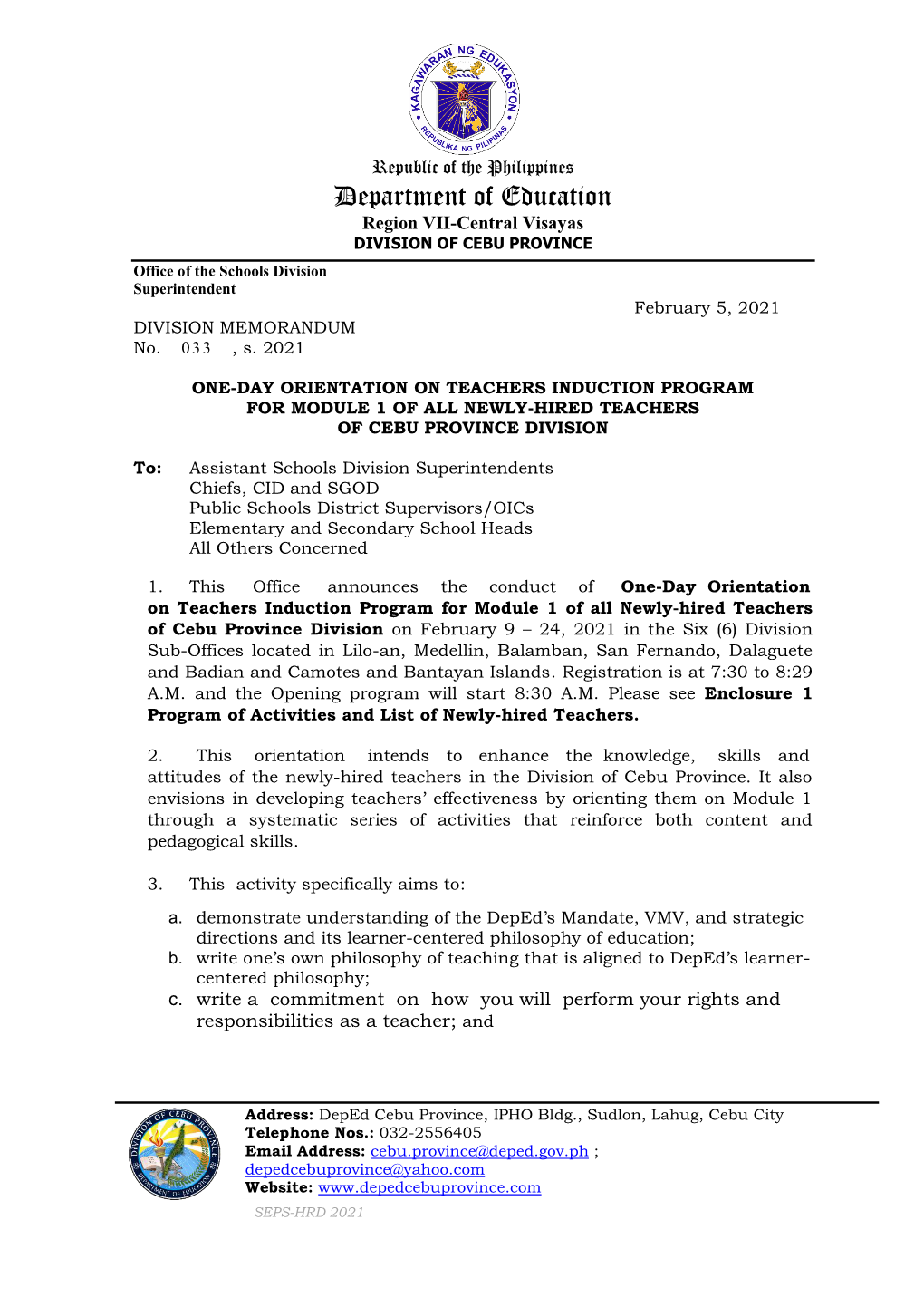 Department of Education Region VII-Central Visayas DIVISION of CEBU PROVINCE