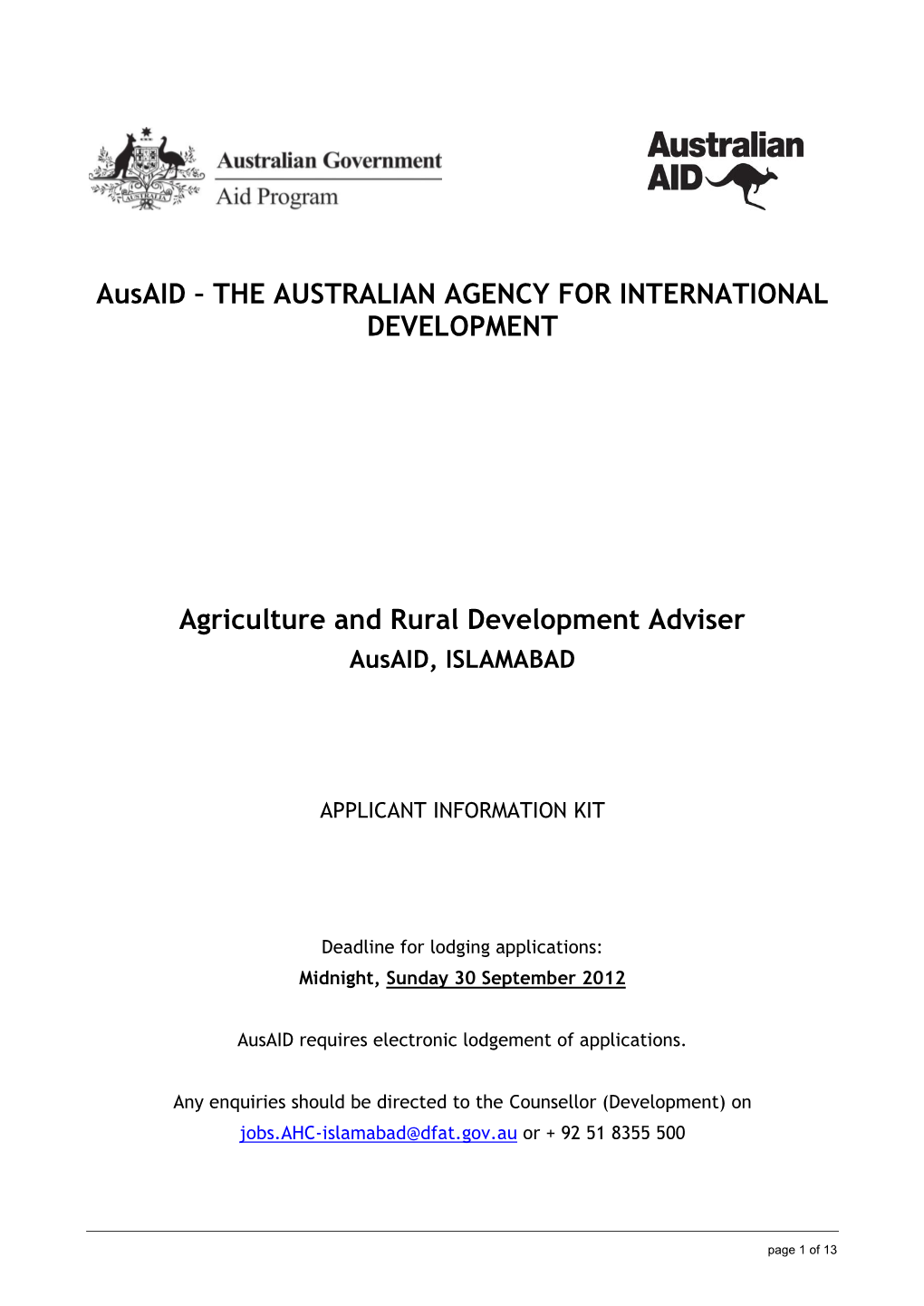 Agriculture and Rural Development Adviser Ausaid, ISLAMABAD