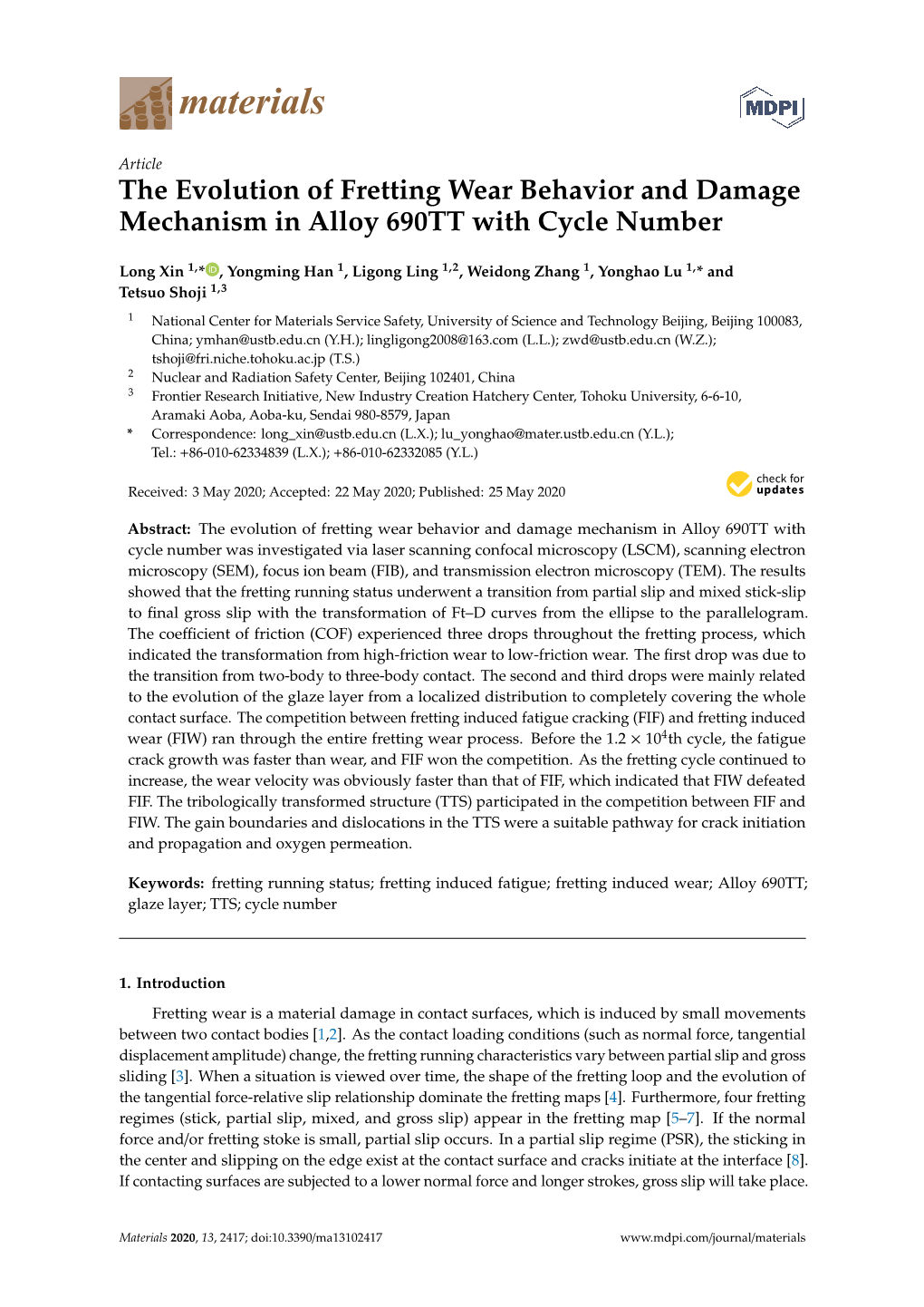 The Evolution of Fretting Wear Behavior and Damage Mechanism in Alloy 690TT with Cycle Number