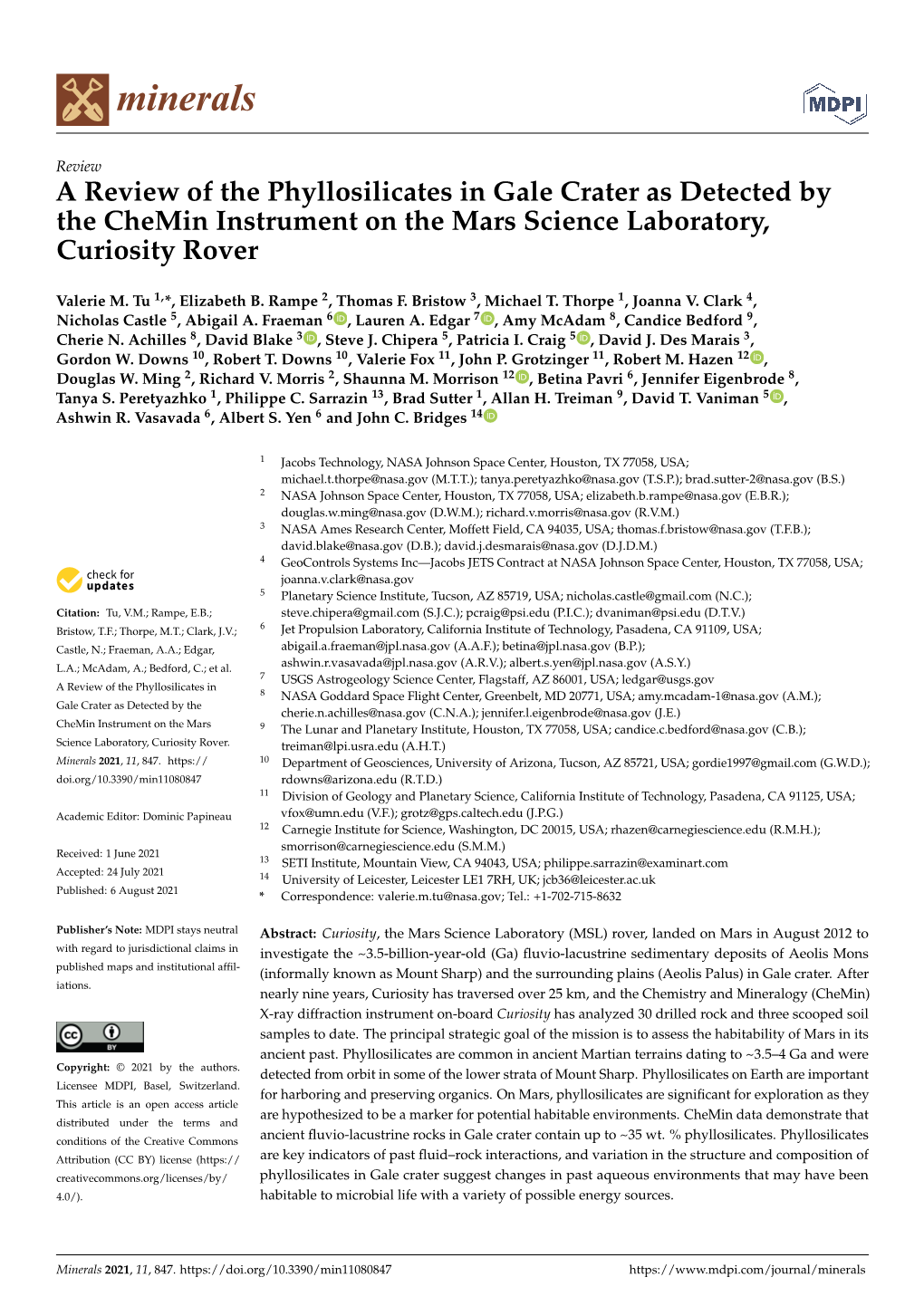 A Review of the Phyllosilicates in Gale Crater As Detected by the Chemin Instrument on the Mars Science Laboratory, Curiosity Rover