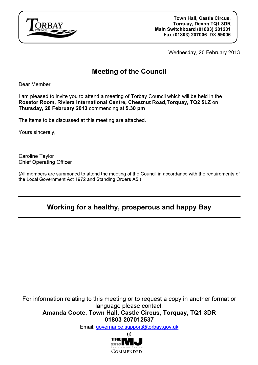 Meeting of the Council Working for a Healthy, Prosperous and Happy