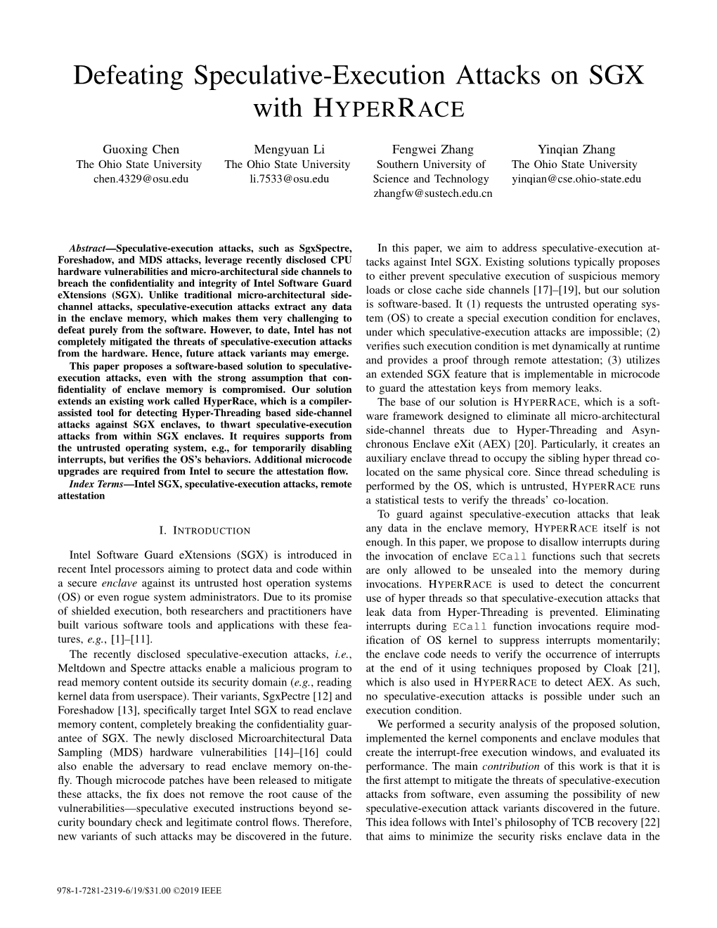 Defeating Speculative-Execution Attacks on SGX with HYPERRACE