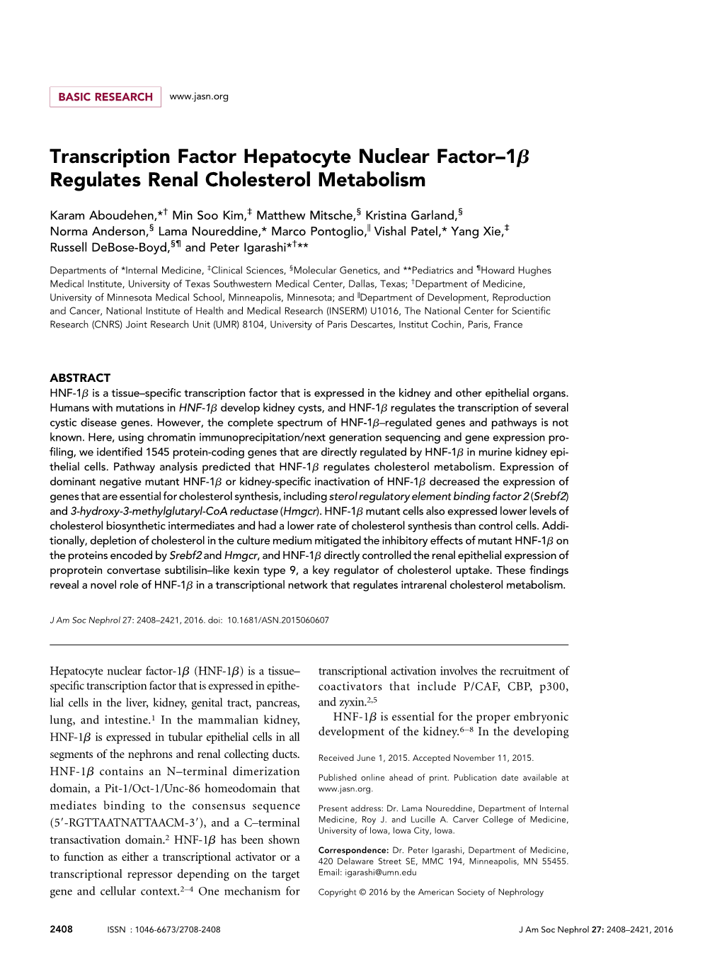 Transcription Factor Hepatocyte Nuclear Factor–1Β Regulates