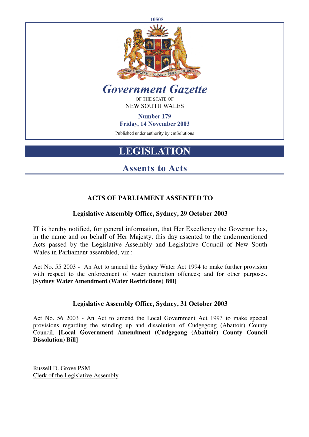 Gazette No 179 of 14 November 2003