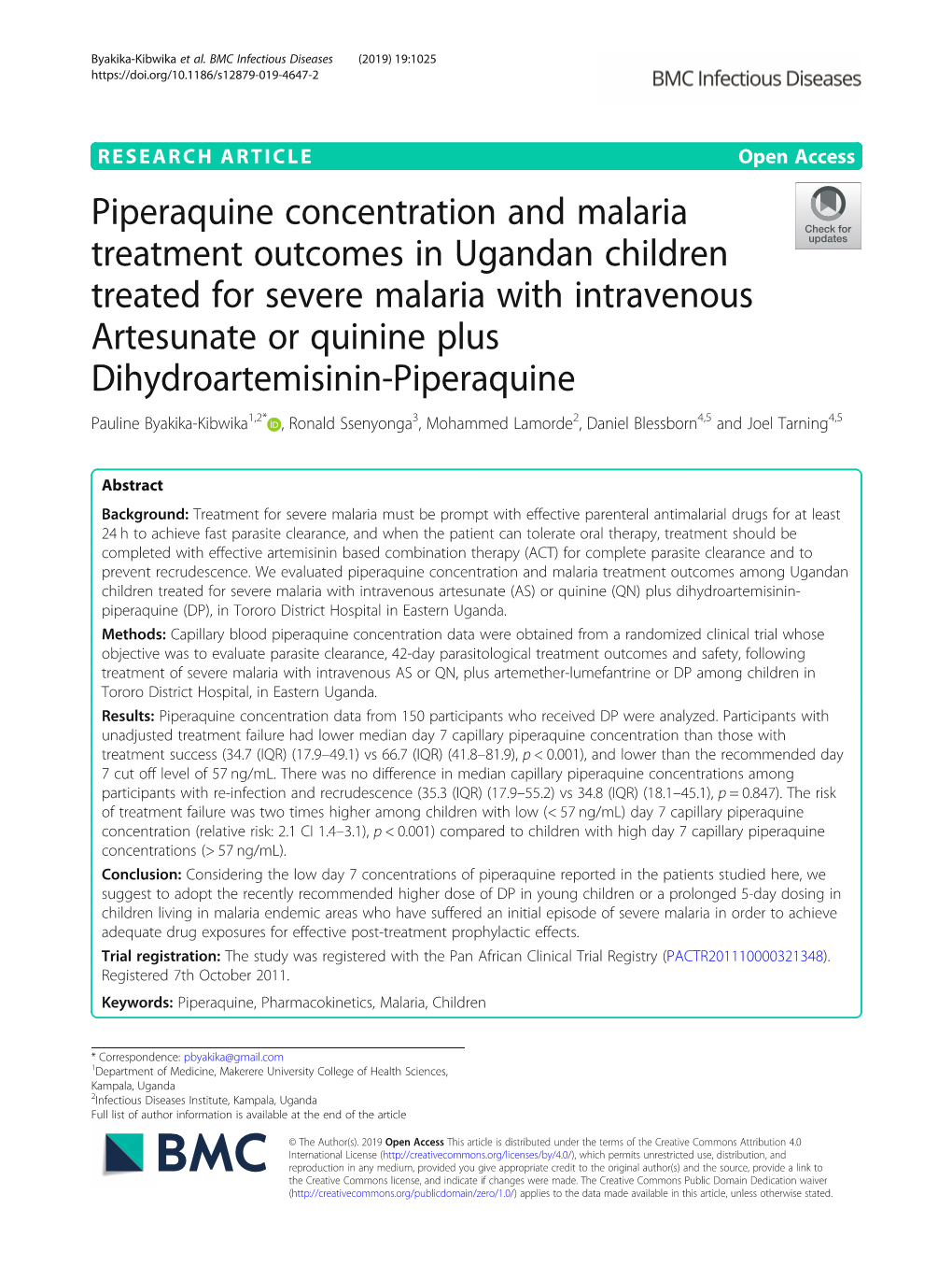 Piperaquine Concentration and Malaria Treatment Outcomes In