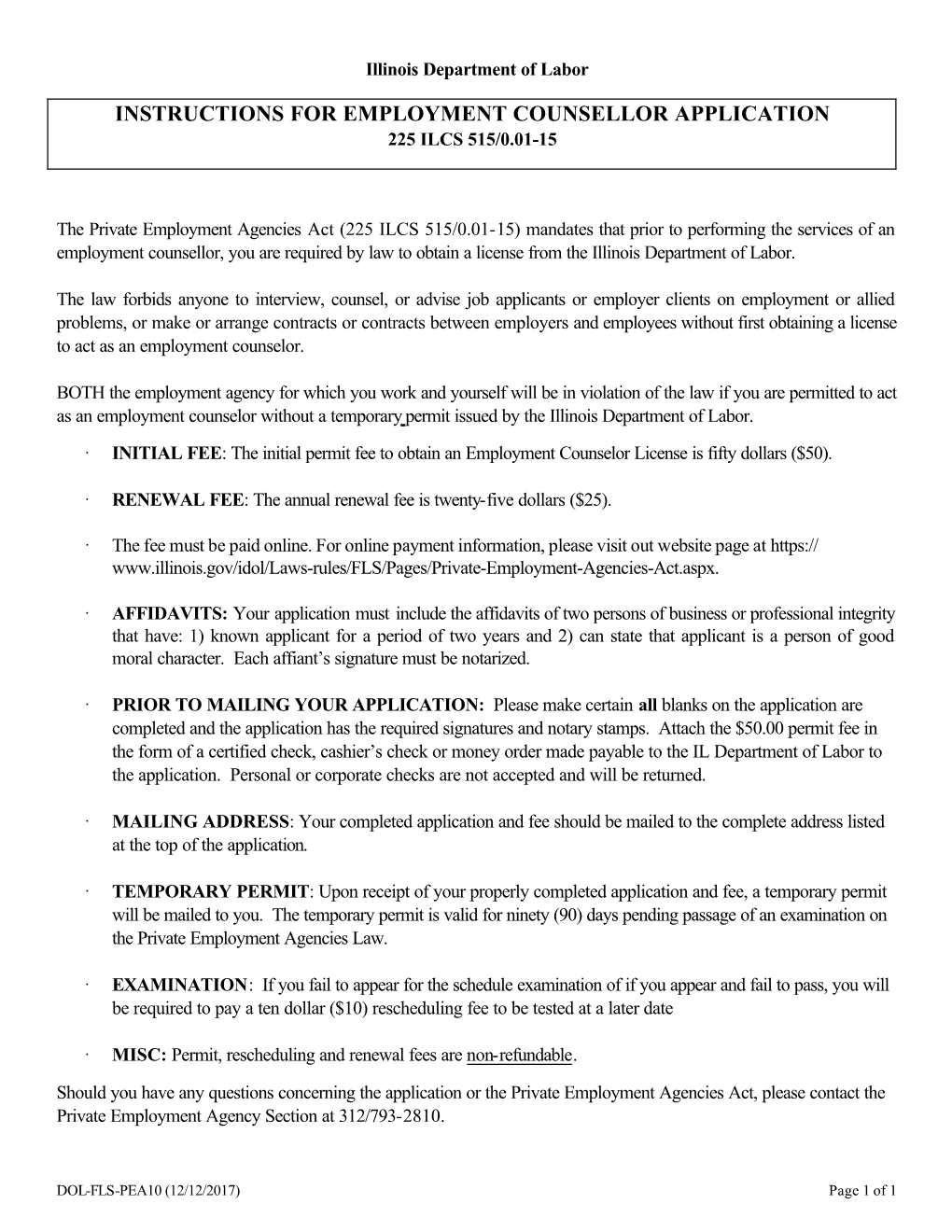 Instructions for Employment Counsellor Application 225 Ilcs 515/0.01-15