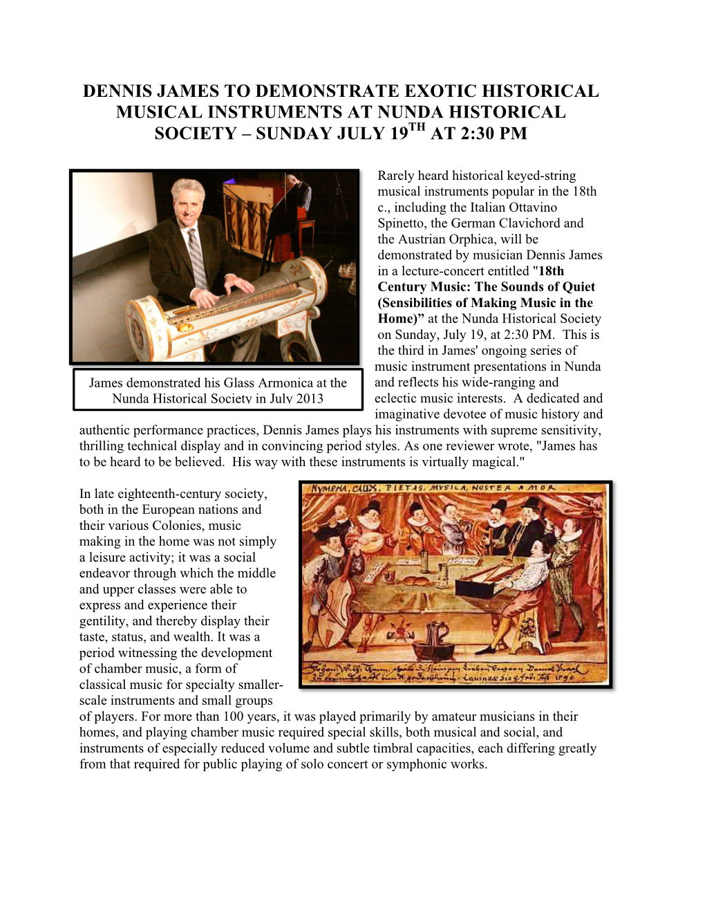 Dennis James to Demonstrate Exotic Historical Musical Instruments at Nunda Historical Society – Sunday July 19Th at 2:30 Pm