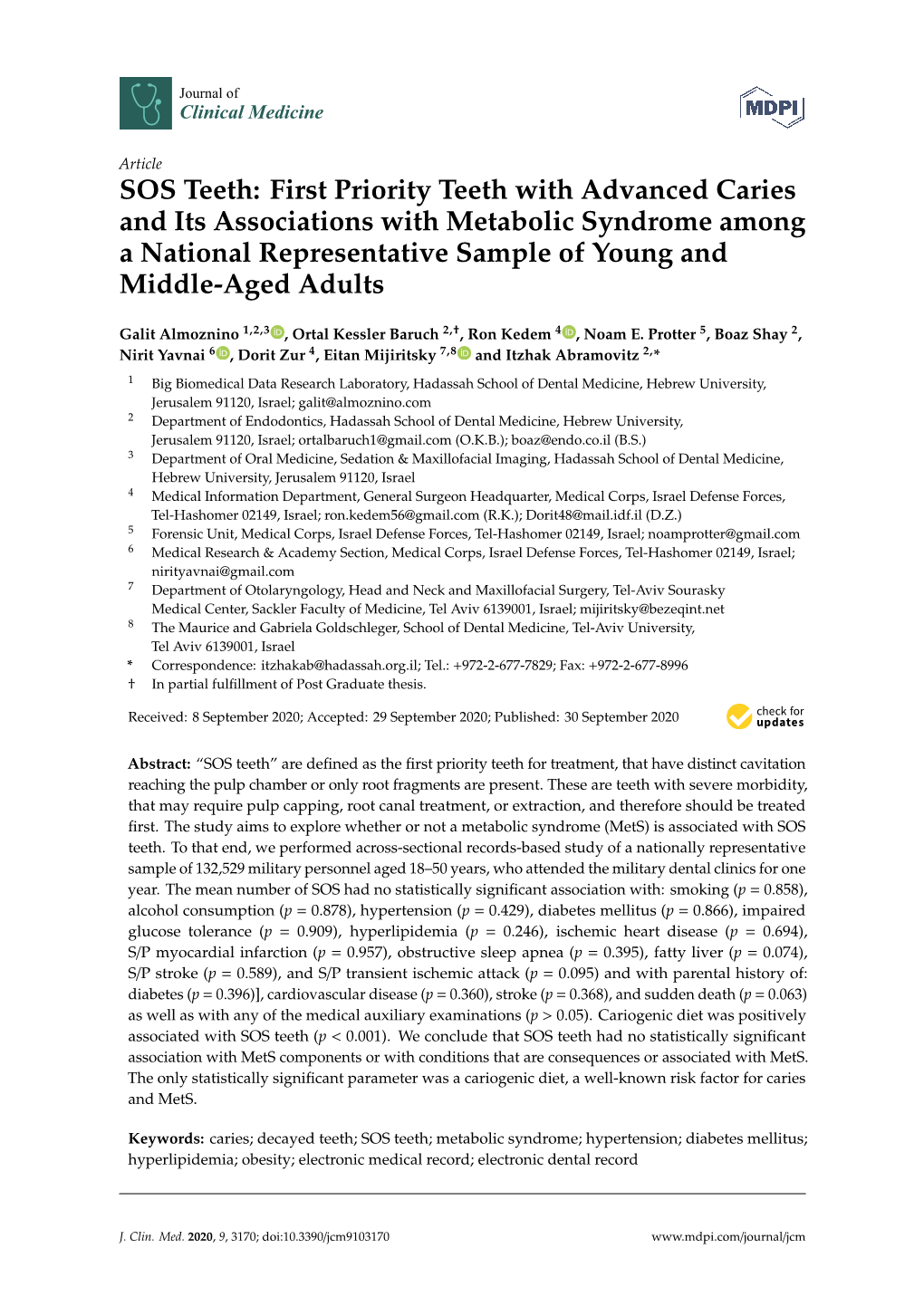 First Priority Teeth with Advanced Caries and Its Associations with Metabolic Syndrome Among a National Representative Sample of Young and Middle-Aged Adults