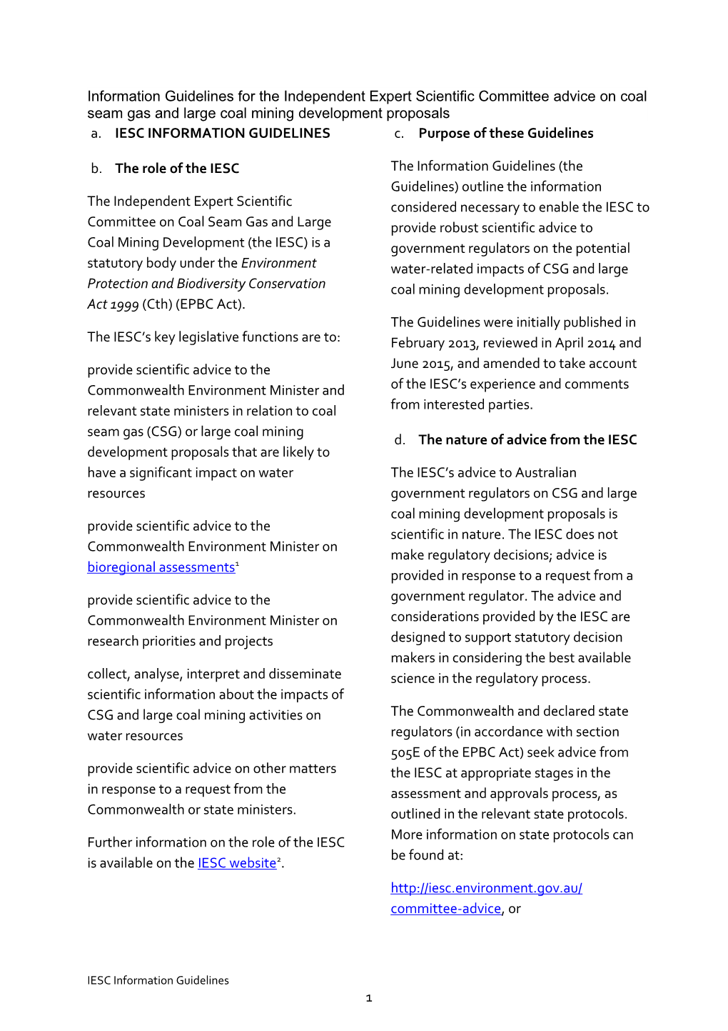 Information Guidelines for the Independent Expert Scientific Committee Advice on Coal Seam