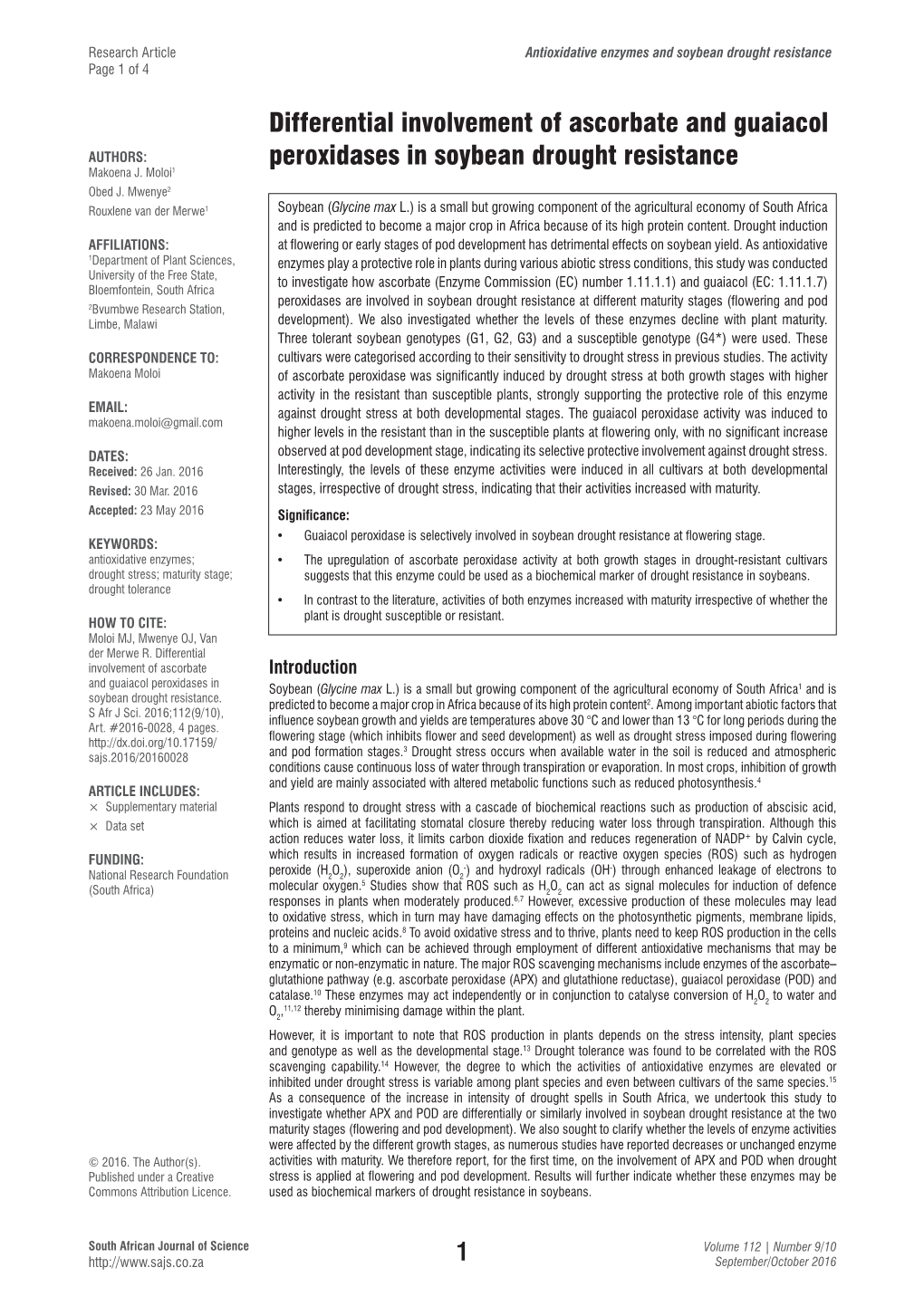 Differential Involvement of Ascorbate and Guaiacol Peroxidases in Soybean Drought Resistance