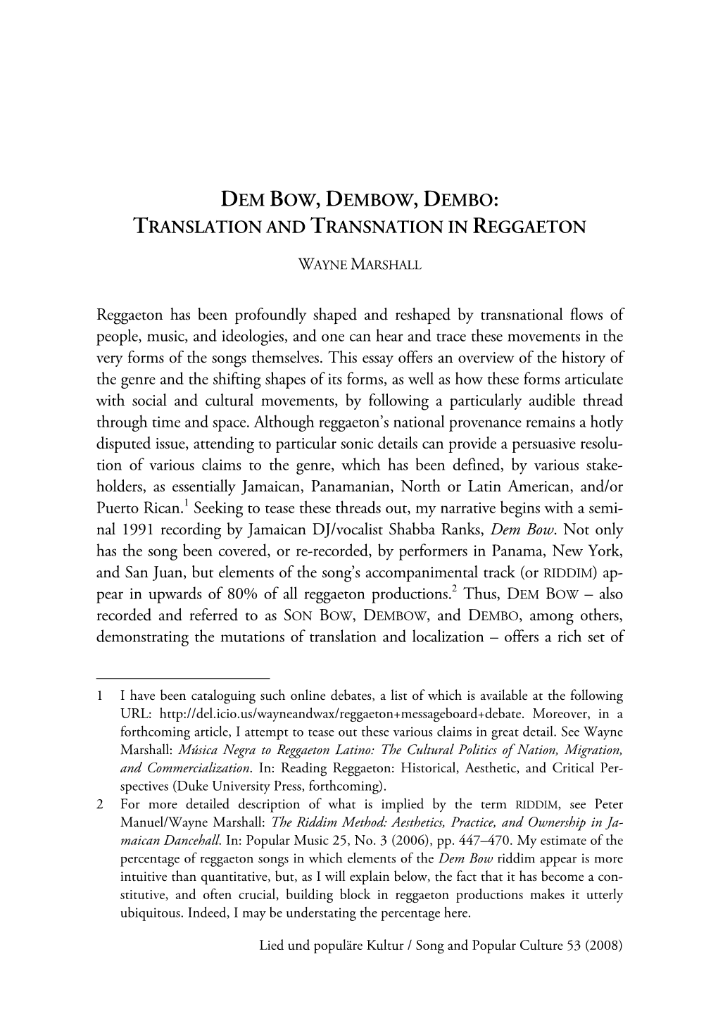 Dem Bow, Dembow, Dembo: Translation and Transnation in Reggaeton