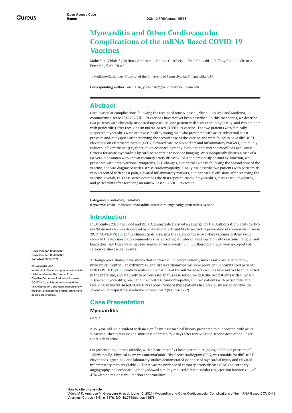 Myocarditis and Other Cardiovascular Complications of the Mrna-Based COVID-19 Vaccines