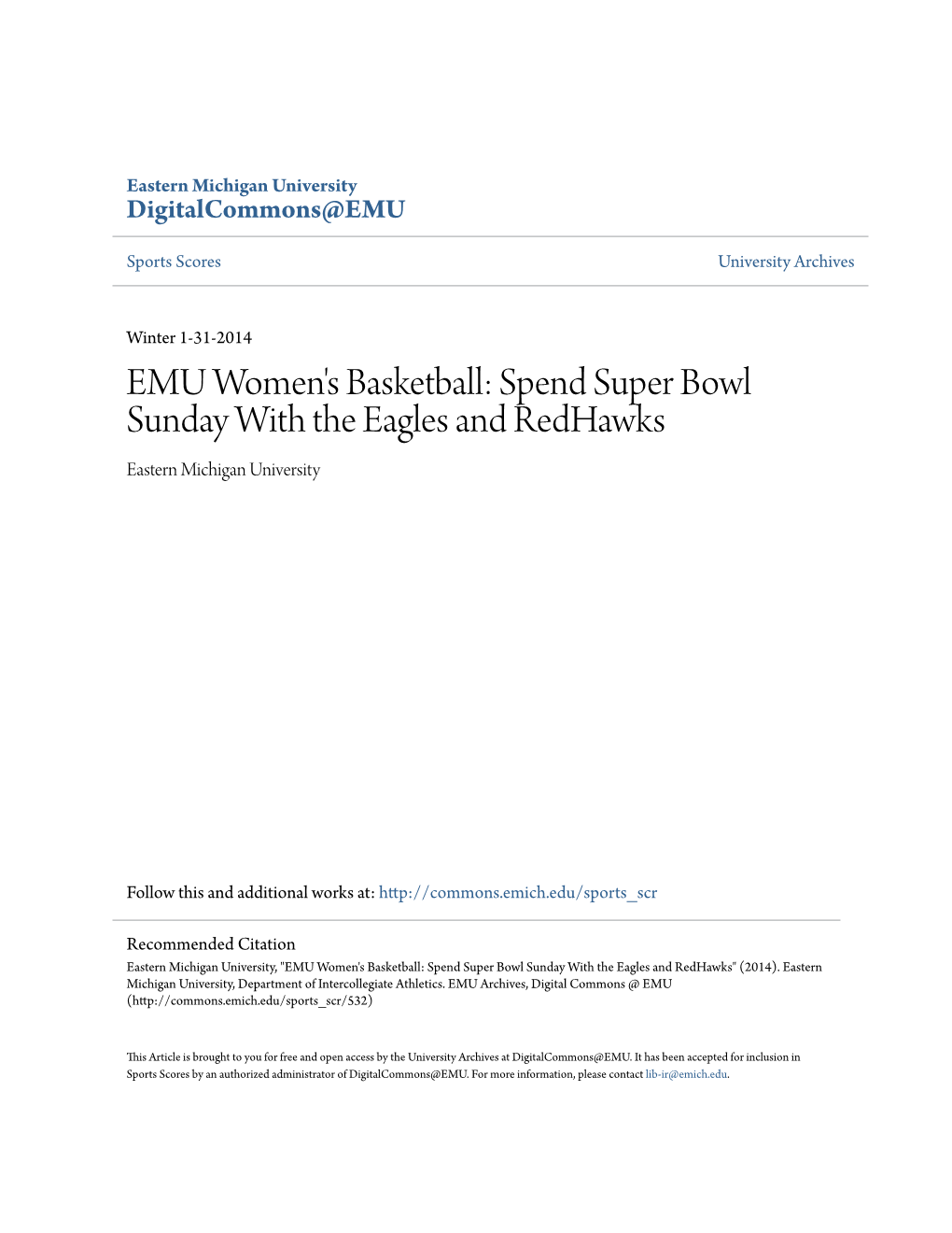 EMU Women's Basketball: Spend Super Bowl Sunday with the Eagles and Redhawks Eastern Michigan University